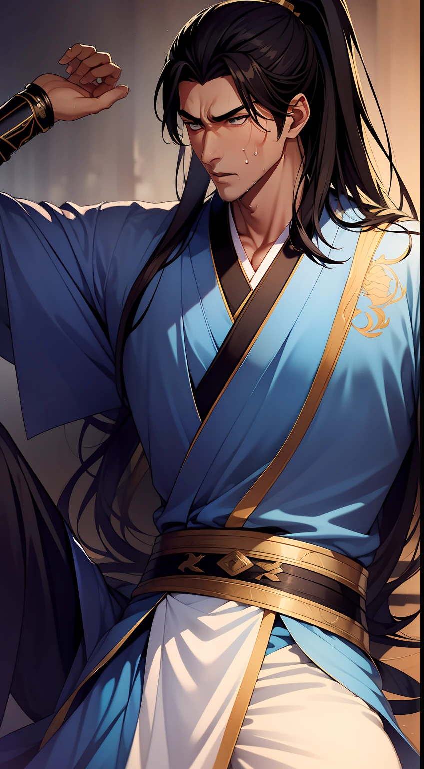 quadratic element，style of anime，mtu（Male Warrior），musculature，The proportions are correct，Face details，swordsmen，High ponytail hairstyle，perspired，Sweat on the face，drools，Neck details，There is an Adam's apple，Get wet，Drenched，Black Hanfu，kaftan，Embroidered robes，Black robe，clothes details，Handing over，longer sleeves，Game quality，Swordsmanship，Light and shadow tracking，Ray traching，detailed glow，cg render，hair detail，cabelos preto e longos，Golden eyes，Sweat on the face，Handsome，Handsome，Beads of sweat slipped down my neck，（juvenile sense），Clothing is complicated，Drenched，Get wet，Perfectcomposition，Refinement，high qulity，higher details，Lots of details，The background is complex，a sense of atmosphere，