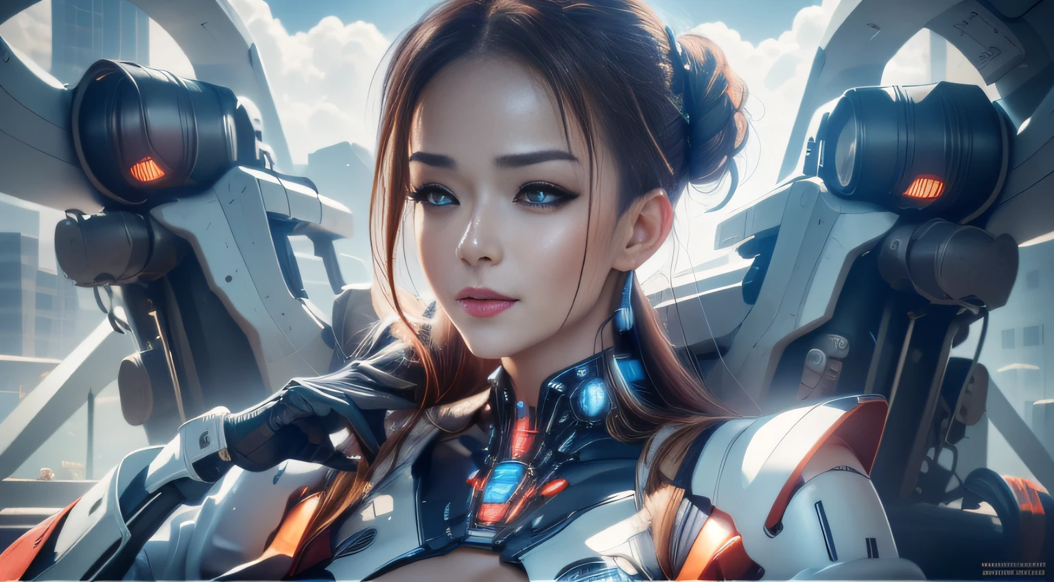 Highest image quality，Outstanding details，超高分辨率，（Fidelity：1.4）, Favor the details，closeup cleavage，The background is a celestial starlight scene with a spaceship, He has a delicate and beautiful face，（（Blue-white semi-mechanical body：1.8）），High-tech mecha weapons, Raised sexy，frontage，cyber punk perssonage，Futuristic，mechanically aesthetic，Virtual Engine 5，Perfect detail rendering，rendering by octane，hyper HD