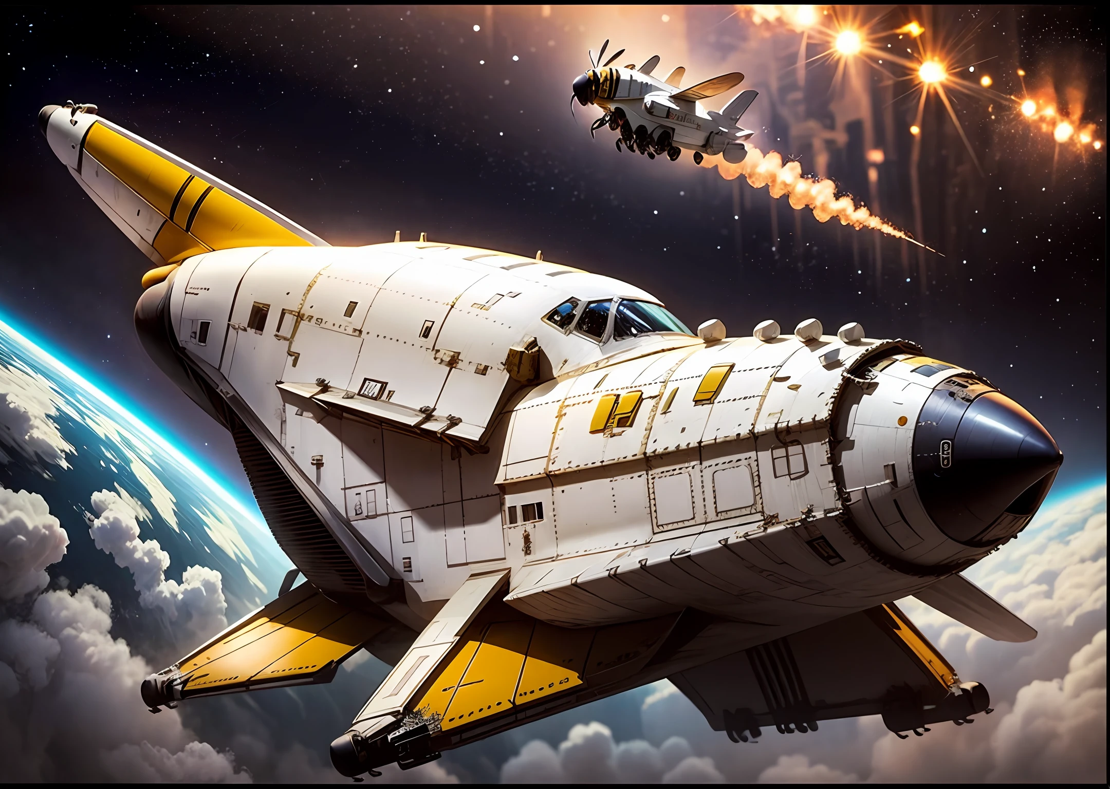 Space shuttle in the form of a big angry bee. It flies over the planet, through asteroids. Close-up. Warm, muted colors. Lots of details. Super photorealistic. Frame from the film. Disney style cartoon. fantasy blurred space background. Light haze. --auto --s2