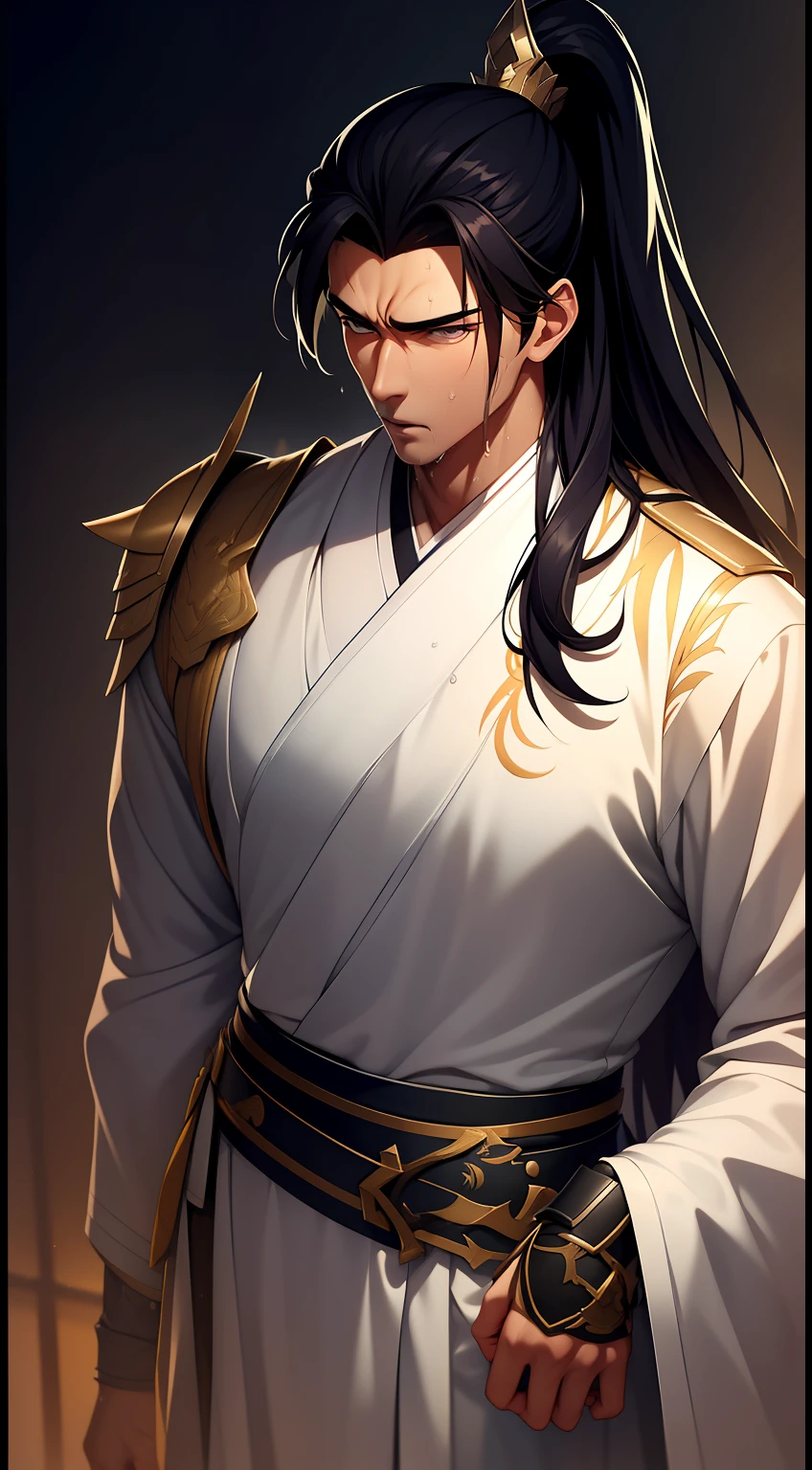 quadratic element,style of anime,mtu(Male Warrior),musculature,The proportions are correct,Face details,swordsmen,High ponytail hairstyle,perspired,Sweat on the face,drools,Neck details,There is an Adam's apple,Get wet,Drenched,Black Hanfu,kaftan,Embroidered robes,Black robe,clothes details,Handing over,longer sleeves,Game quality,Swordsmanship,Light and shadow tracking,Ray traching,detailed glow,cg render,hair detail,cabelos preto e longos,Golden eyes,Sweat on the face,Handsome,Handsome,Beads of sweat slipped down my neck,(juvenile sense),Clothing is complicated,Drenched,Get wet,Perfectcomposition,Refinement,high qulity,higher details,Lots of details,The background is complex,a sense of atmosphere,