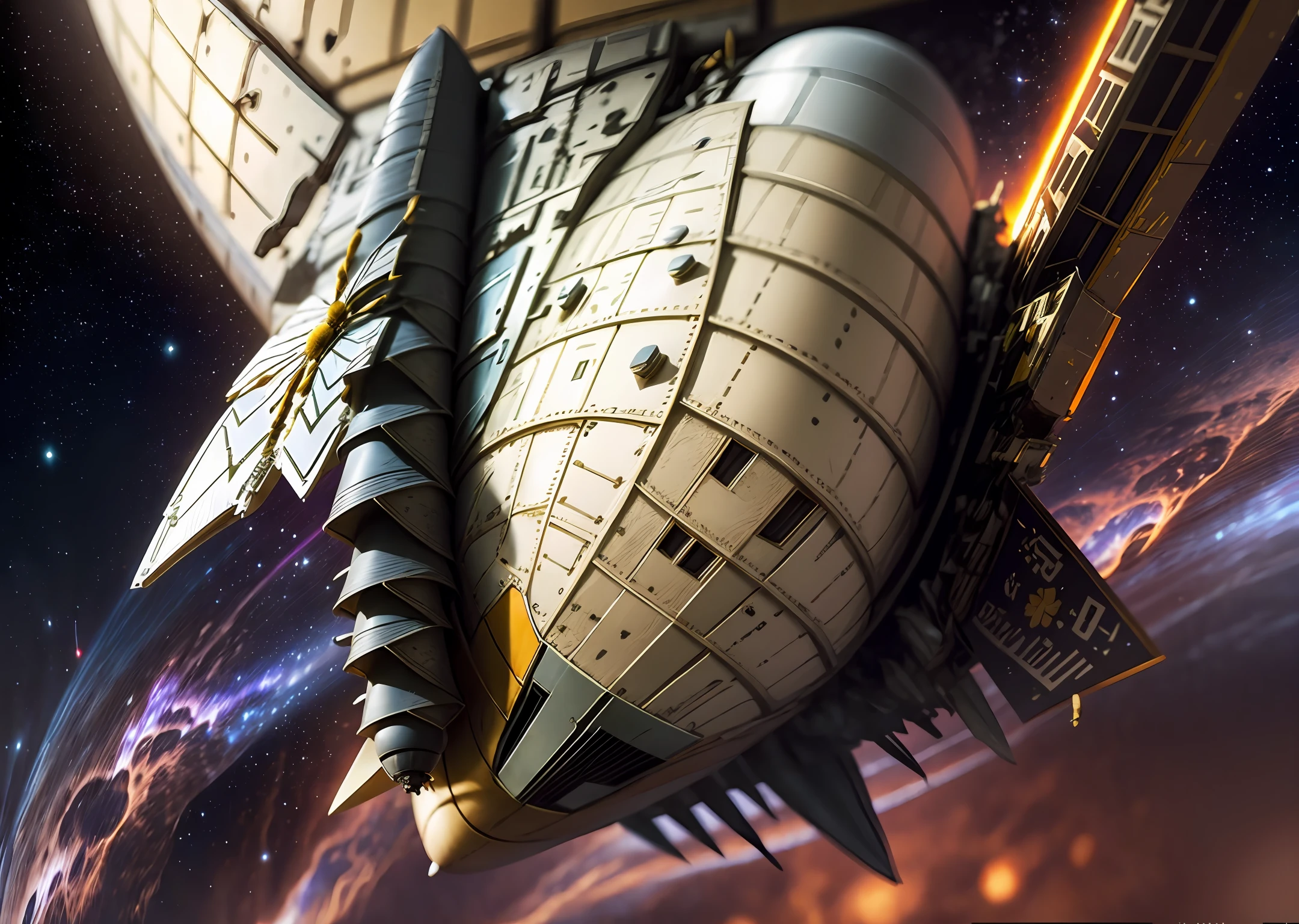 Space shuttle in the form of a big angry bee. It flies over the planet, through asteroids. Close-up. Warm, muted colors. Lots of details. Super photorealistic. Frame from the film. Disney style cartoon. fantasy blurred space background. Light haze. --auto --s2