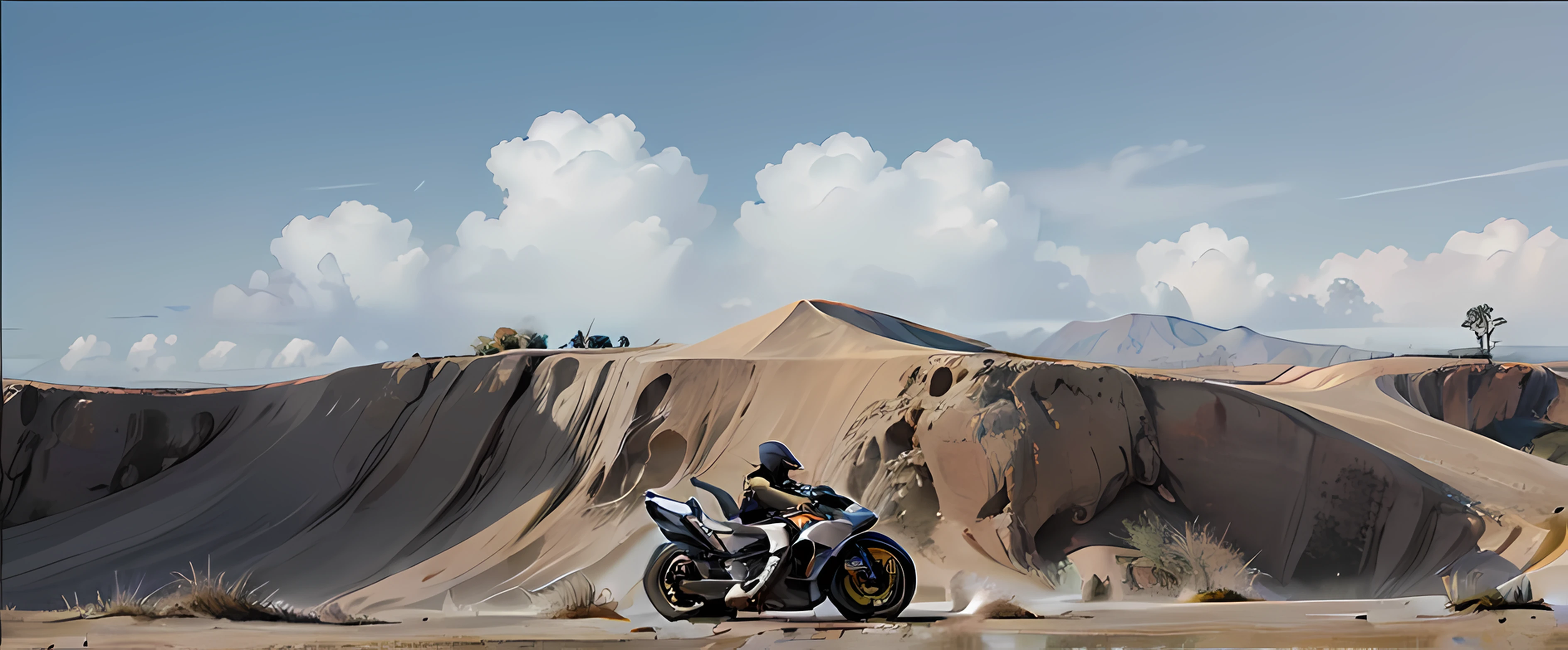 In the foreground, a woman rides a motorcycle into the distance,In the distance are high sand dunes,On the dunes stand a row of cyberpunk-style monks