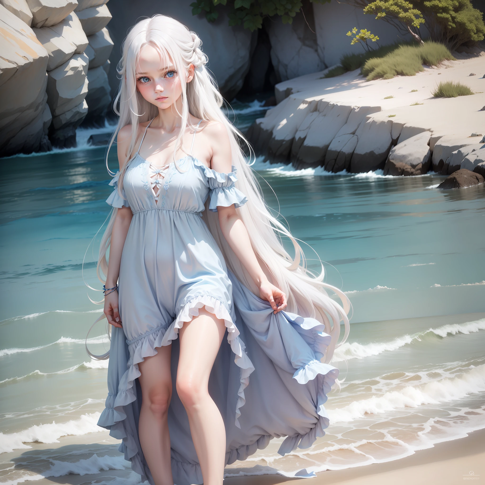 long white hair,blue color eyes,A 16-year-old girl posing for a photo by the beach in a pale pink dress,Delicate and beautiful,Barefoot,A hand caresses the ends of the hair,Eyes look at the lens,shy