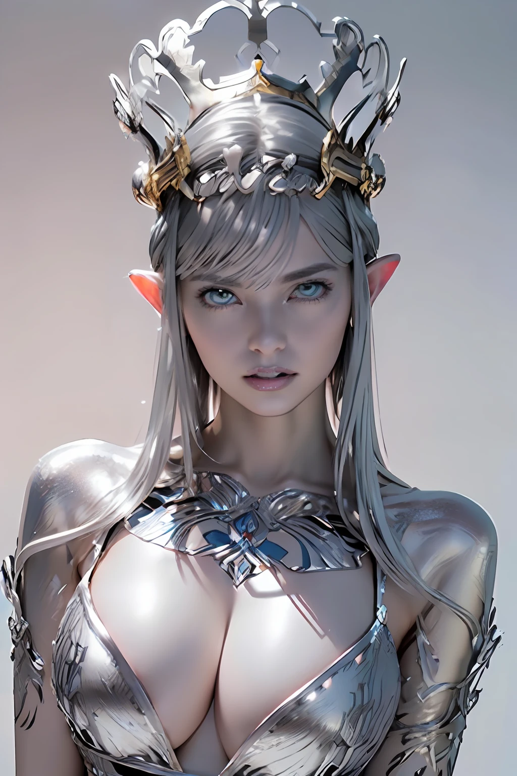 Ultra-detailed complex 3D rendering of the face, (masterpiece, top quality, octane rendering,), glamour shots full body image, very beautiful young elves, cleavage, (highly detailed skin: 1.2), (exposure: 1.1), ((blue micro bikini: 1.95)))). , 8k, (((very soft breasts)), (((conspicuous large pink areola)), beautiful Caucasian woman with white skin with full soft breasts with big buttocks, one, long braided hair, big breasts, dynamic angles, (((huge breasts: 2.4)), ultra-realistic photos, ((((((silver hair)))), futuristic urban background, facial muscles, (((((detailed and glamorous silver crown)))), In the style of Marvel Comics, ArtStation Trends, Clear Focus, Intricate Details, Very Detailed, Detailed Green Eyes, Sharp Focus, Digital Rendering, Professional, Abs, Lip Gloss, Glossy Skin, Sexy Pose, Golden Tattoo All Over Body, Silver Pattern All Over Body, Silver Lame Skin, Gold Glitter Skin, Mansuji, Buttocks, Jeweled All Over the Body, with silver scales, silver hair,