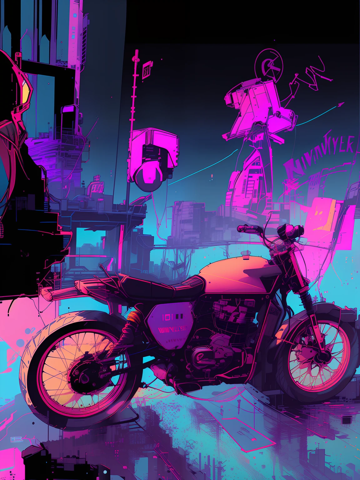 (nvinkpunk:1.2) snthwve style motorcyle, lightwave, sunset, intricate, highly detailed, cyan colour,