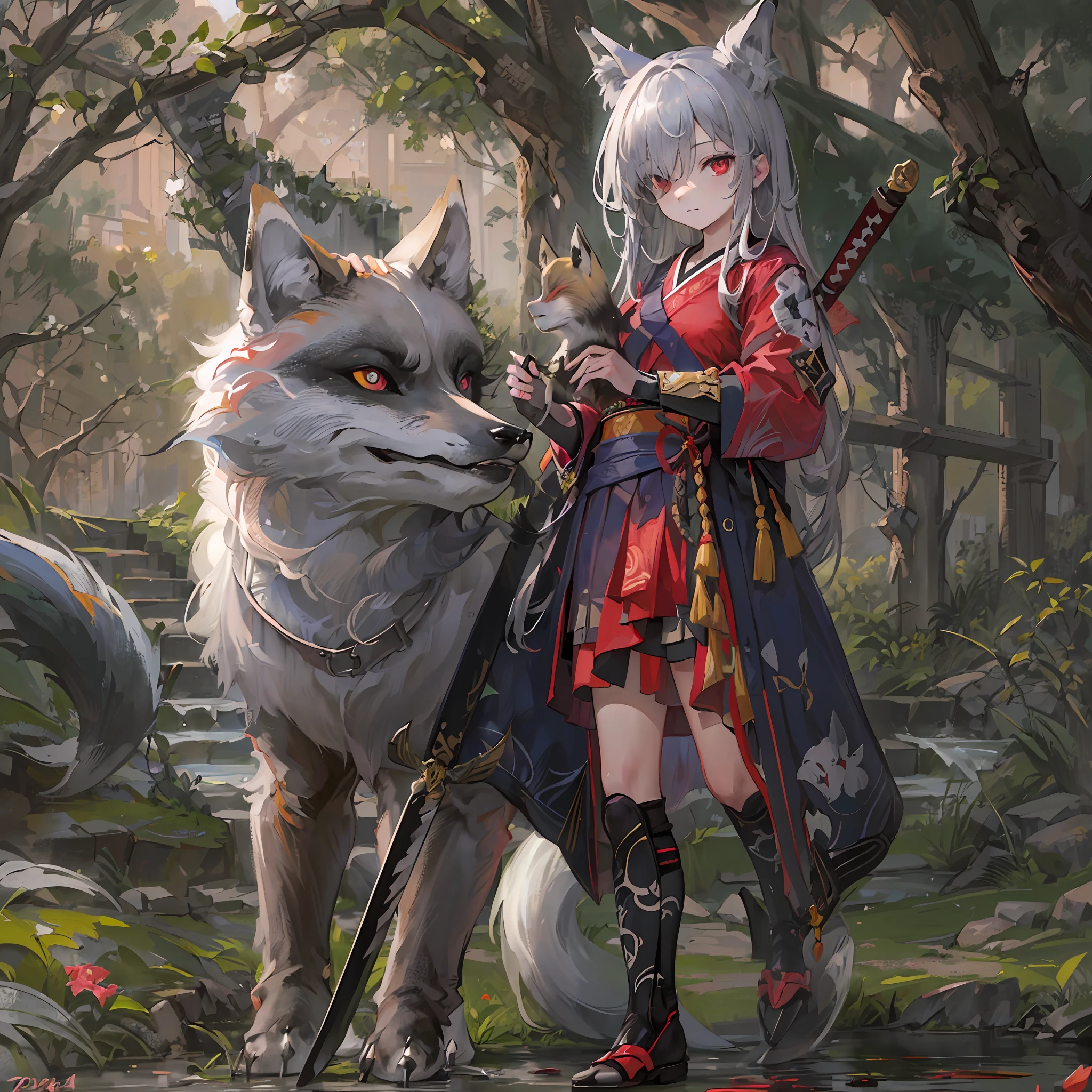 (Best quality), (masterpiece:1.3), (photorealistic:1.36), (realistic), ultra-detailed, 1girl, Loli, (not large tasty:!.4, Small breasts), This depicts a fox disguised as a girl, dressed in samurai clothing and holding a short straight sword and( an silver fox with red eyes in the background:1.6), the Wilderness of Evening Dusk, stand on the land, Lateral, looking at viewer, red torii