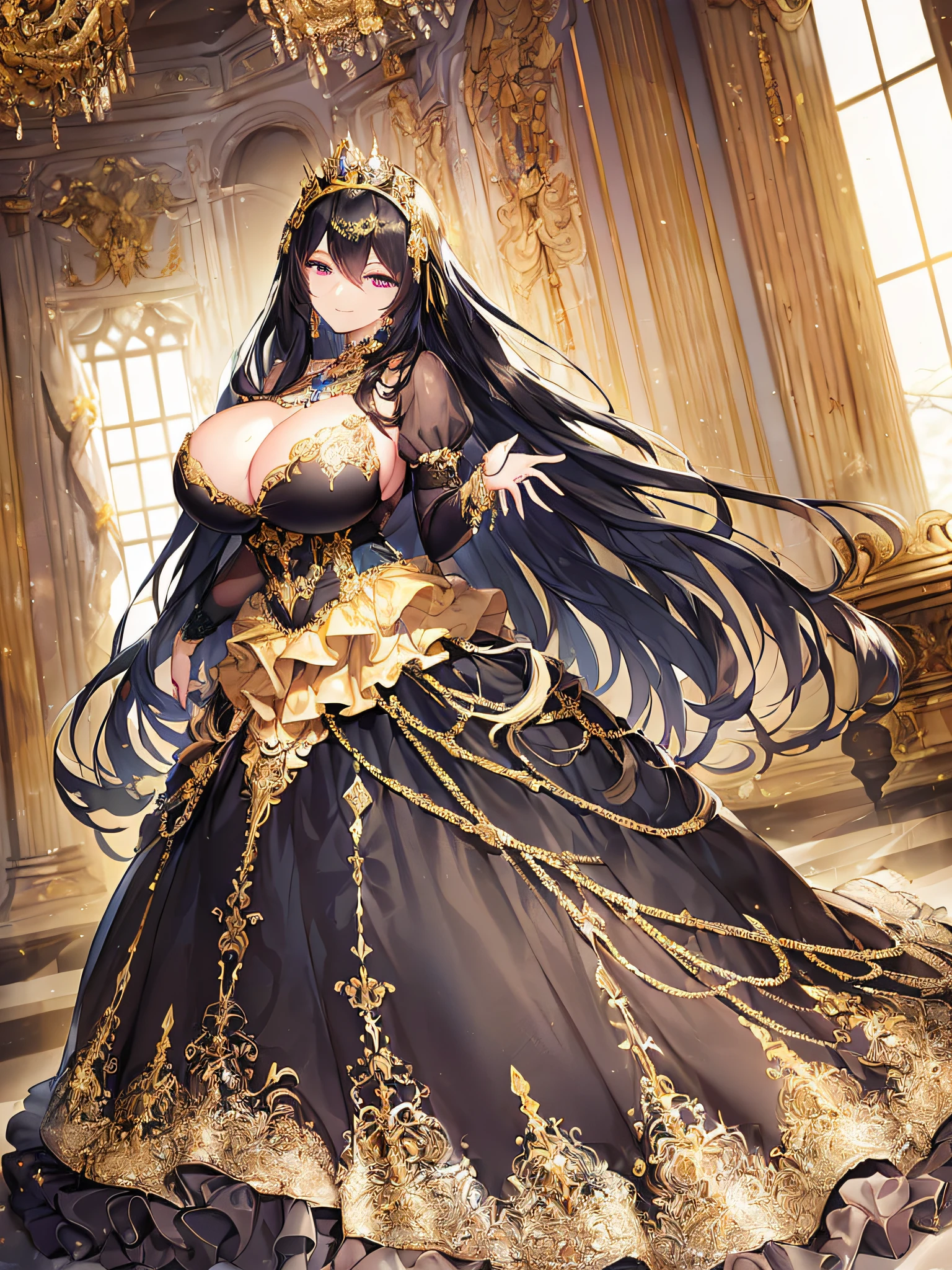 ((anime artstyle)),(Masterpiece),(Best Quality), (Super Detail),((Very Delicate and Beautiful)),((Solo)),((full body)),((one arrogant queen in glitter jeweled black and gold gorgeousfull rococo ball gown with voluminous  fluffy skirt)),((BlingBling)),((arrogant)),((arrogant smile)),(Purple eyes),Sharp eyes,detailed face and eyes,jewel-like eyes,((Very Long voluminous black Hair)),Straight Hair,((Bangs between eyes)),((gorgeousfull embroidery and lace)),gorgeous corsage,See-through,gorgeousfull hair ornament,gorgeousfull glitter jeweled tiara,ornate ruffles,((gigantic breasts,Long breasts)),skindentation,((full body)),((hoop skirt,crinoline)),gorgeousfull jewelry ornaments,Dynamic Angle,Looking at viewer,indoor,royal palace,(((gorgeous embroidery and glitter jeweled black and gold gorgeousfull rococo ball gown with voluminous fluffy skirt))),(full body)