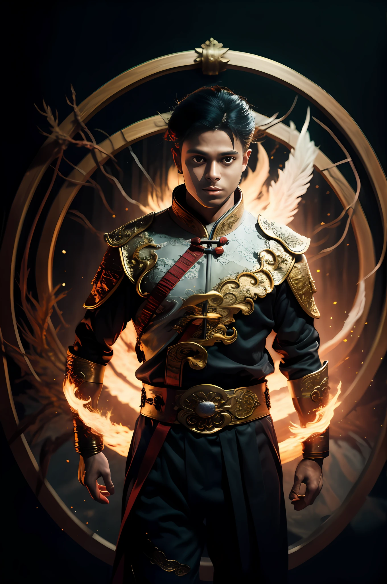 arafed man in a costume with a sword and a ring of fire, inspired by Fan Kuan, tithi luadthong, ross tran and bayard wu, full portrait of elementalist, mid shot portrait, portrait of a young elf wizard, heise jinyao, dungeons and dragons character, inspired by Li Kan, inspired by Rudy Siswanto