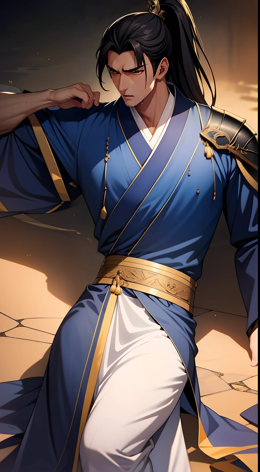 quadratic element，style of anime，mtu（Male Warrior），musculature，The proportions are correct，Face details，swordsmen，High ponytail hairstyle，perspired，Sweat on the face，drools，Neck details，There is an Adam's apple，Get wet，Drenched，Black Hanfu，kaftan，Embroidered robes，Black robe，clothes details，Handing over，longer sleeves，Game quality，Swordsmanship，Light and shadow tracking，Ray traching，detailed glow，cg render，hair detail，cabelos preto e longos，Golden eyes，Sweat on the face，Handsome，Handsome，Beads of sweat slipped down my neck，（juvenile sense），Clothing is complicated，Drenched，Get wet，Perfectcomposition，Refinement，high qulity，higher details，Lots of details，The background is complex，a sense of atmosphere，