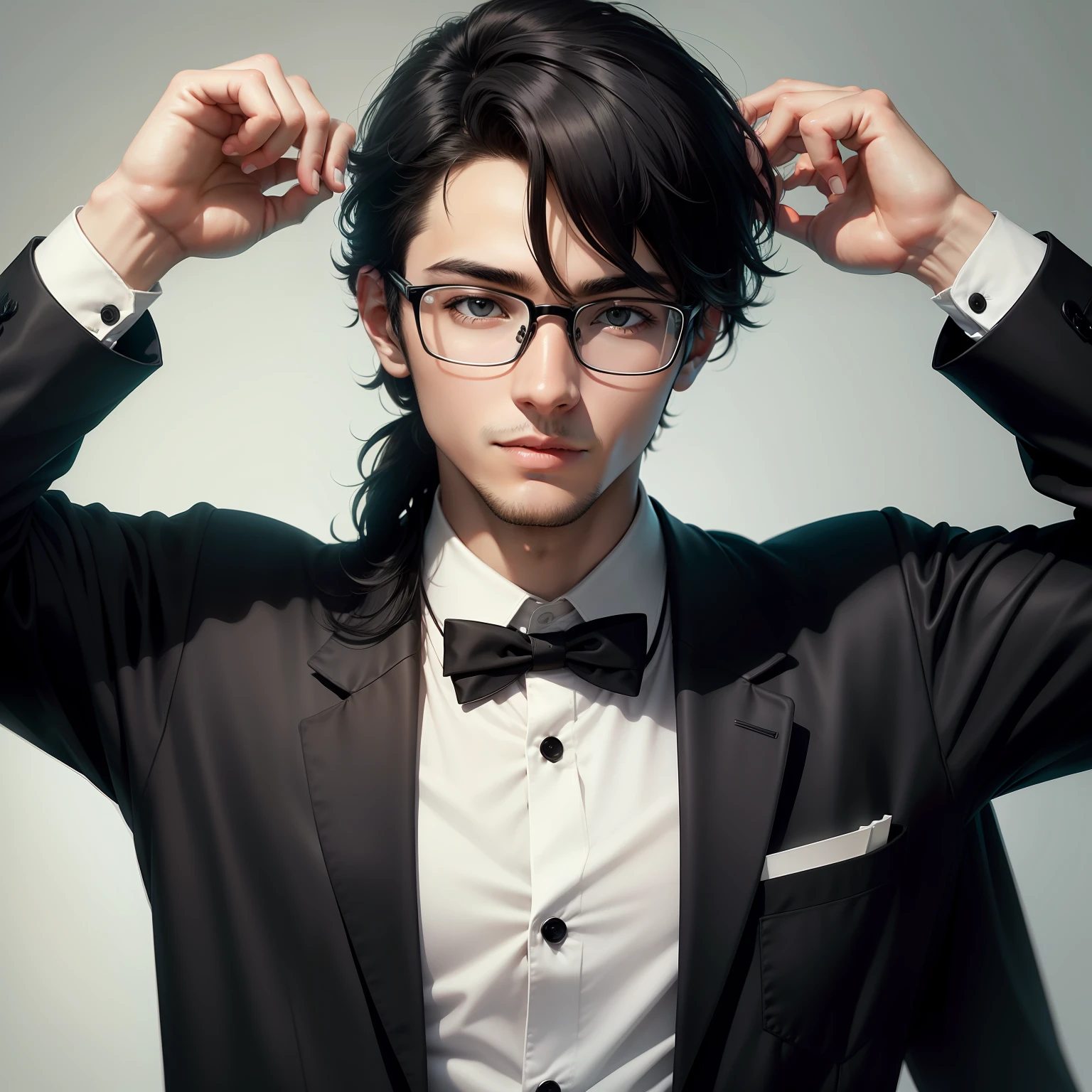 Young man with glasses facing sideways to the left with ultra-clear black hair
