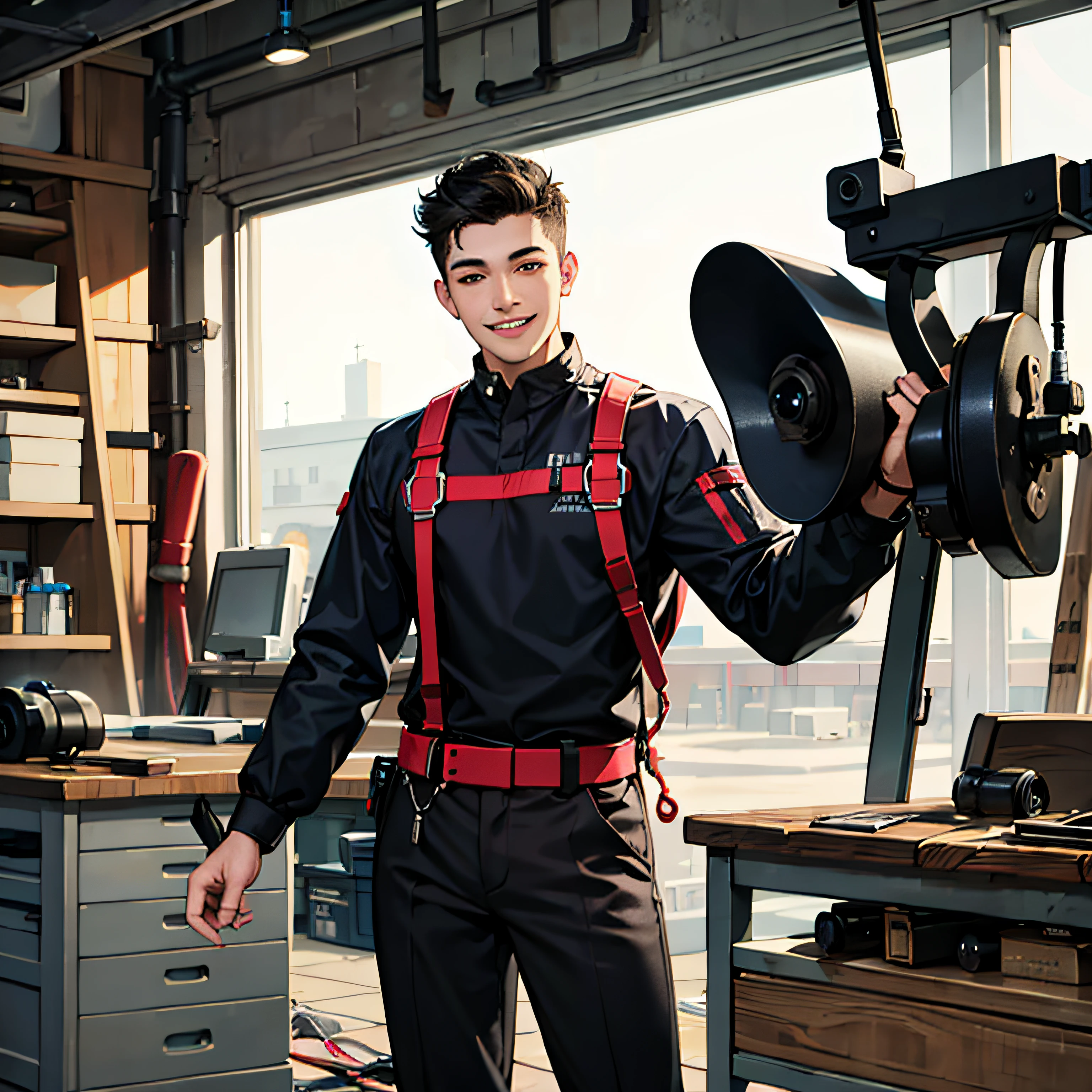 Absurd resolution, high resolution, (masterpiece: 1.4), hyper-detail, young man's messy short black hair, welder dressed up, grinning look, factory high-tech workbench, technology sense screen