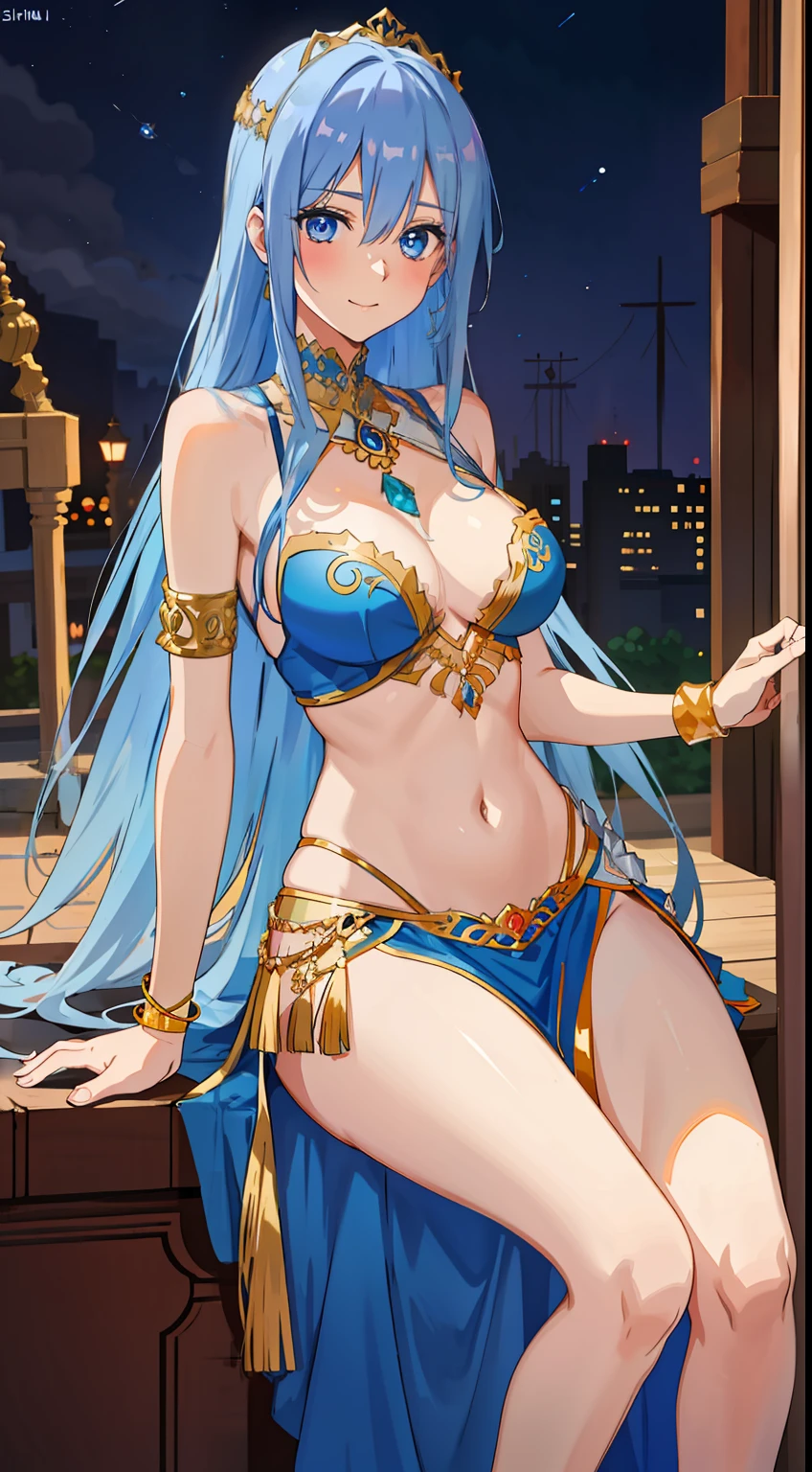 shikimori, medium breast, slim legs, blue gown, navel, skirt, standing, beautiful eyes, blue eyes, happy, arabian belly dancer, stage, sitting