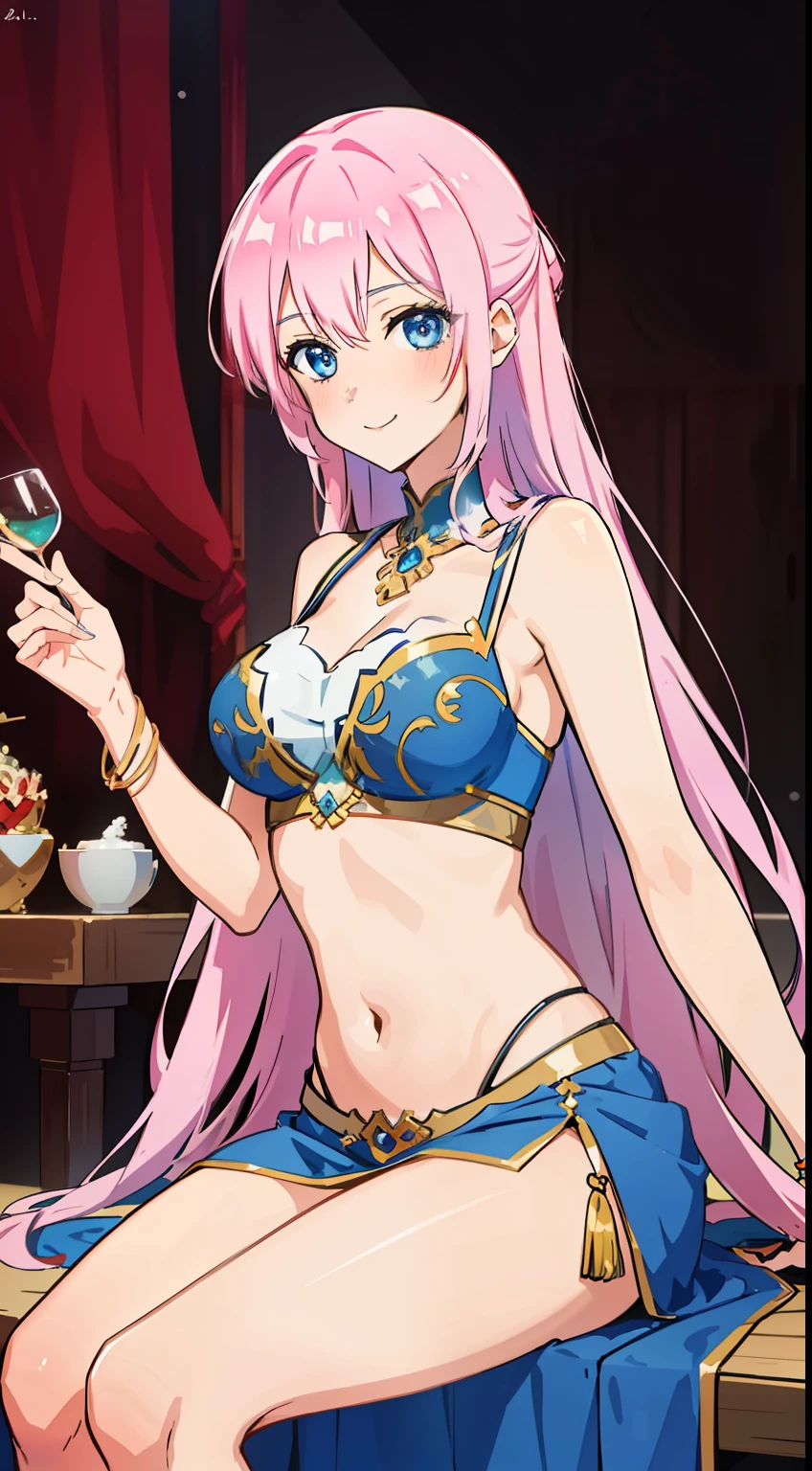 shikimori, medium breast, slim legs, blue gown, navel, skirt, standing, beautiful eyes, blue eyes, happy, arabian belly dancer, stage, sitting