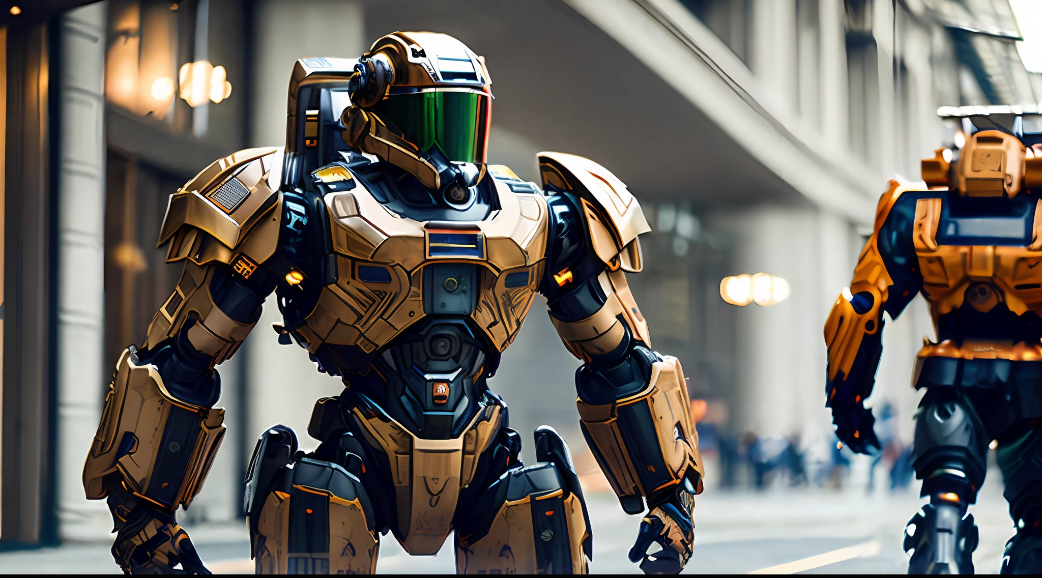 ((MASTERPIECE)) ((RAW PHOTOGRAPH)) (((FULL BODY)) of a transparent camouflaged mech suit in the streets that exudes elegance and intricate design. The image should be a masterpiece with vibrant colors, bokeh lighting, and sharp focus. The subject should be a close-up of the detailed face. The mech suit should be depicted with translucent liquid water rust, giving it a unique texture. The overall style of the image should be soft lighting and realistic. The mech suit should be worn with elegant attire.