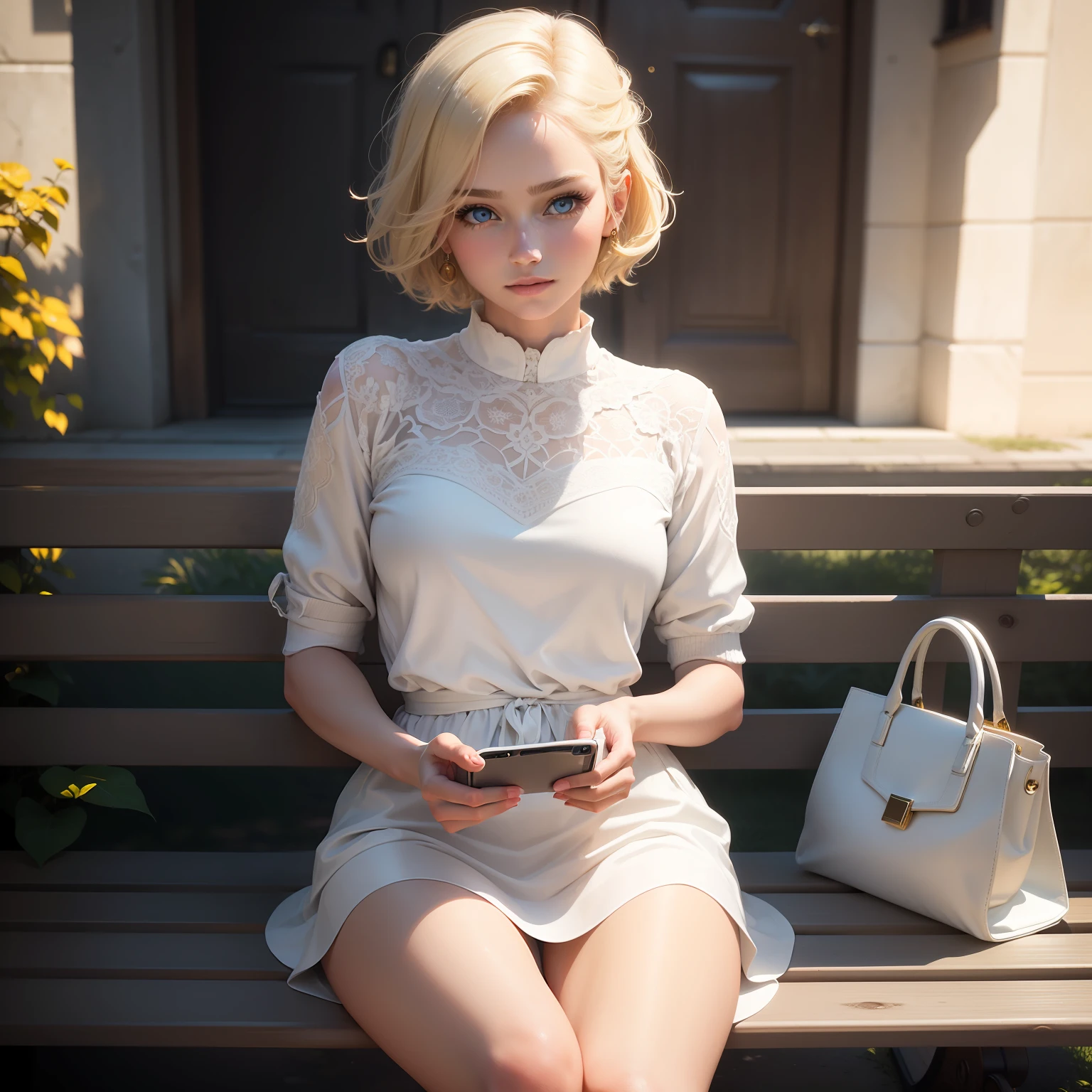 ((best quality)), ((ultra res)), ((photorealistic)), (intricate details), 19 years old, blond hairbl, Perfect face shape, Makeup:1.5, Face light, detail in face, NAKED, Short hair,sitting on a bench,Holding a white wallet and cell phone, Beautiful and smooth soft light, Smooth lighting, Bright white light, warm bright white light, Bright lights, Brightly lit, Very bright white light, brightly lit - style atmosphere, extremely luminous bright design, Bright ambient lighting, easy to use, exquisite and smooth details