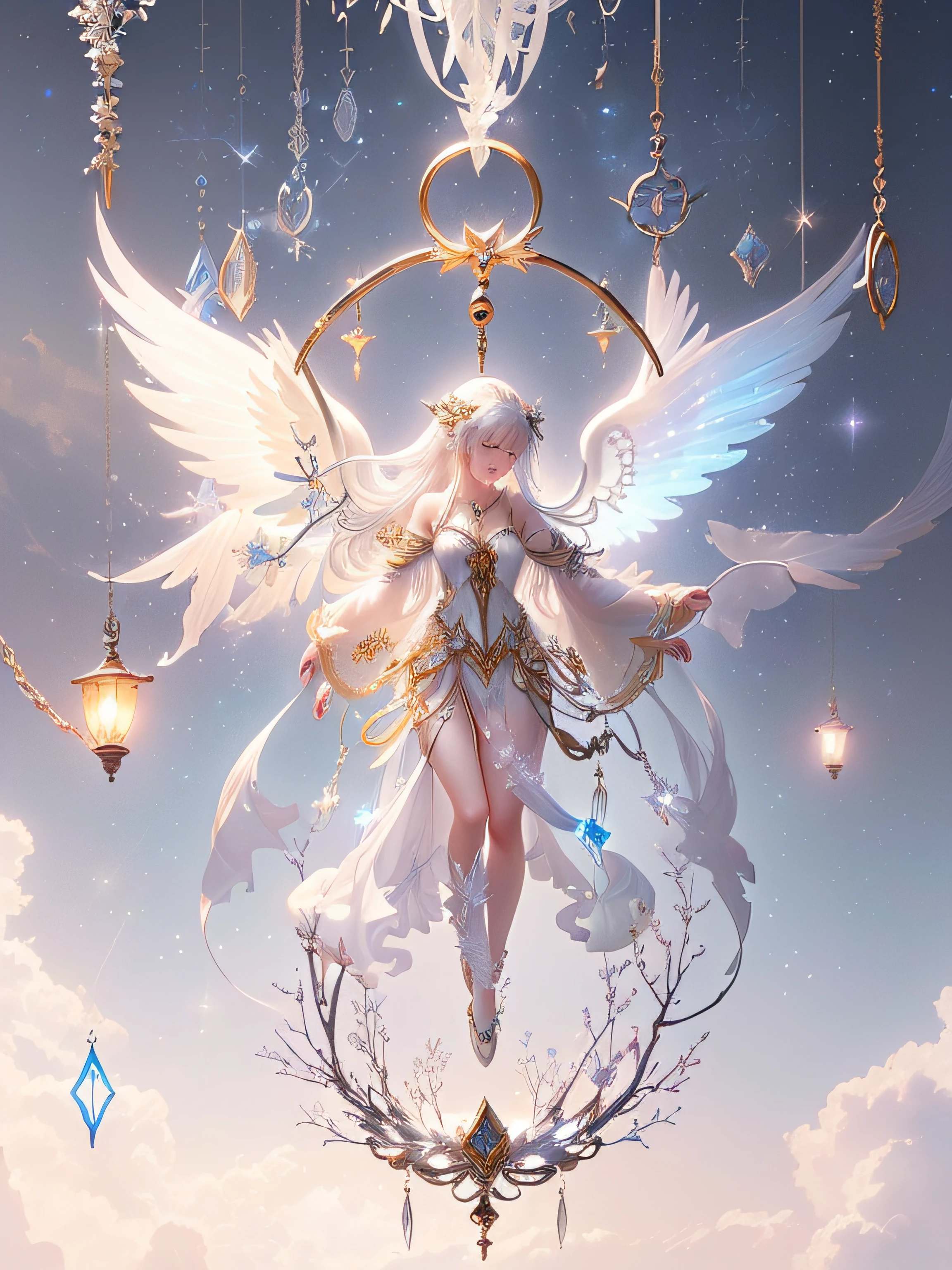 There is a white wind chime,A long chain hangs from it, Starlight wind chimes, ethereal essence, ethereal wings, concept art magical highlight, Ethereal fantasy, Detailed key anime art, fairy aesthetics, of ethereal fantasy, high detailed official artwork, A detailed, The ethereal wind chimes of light exist, Fantasy art Behance