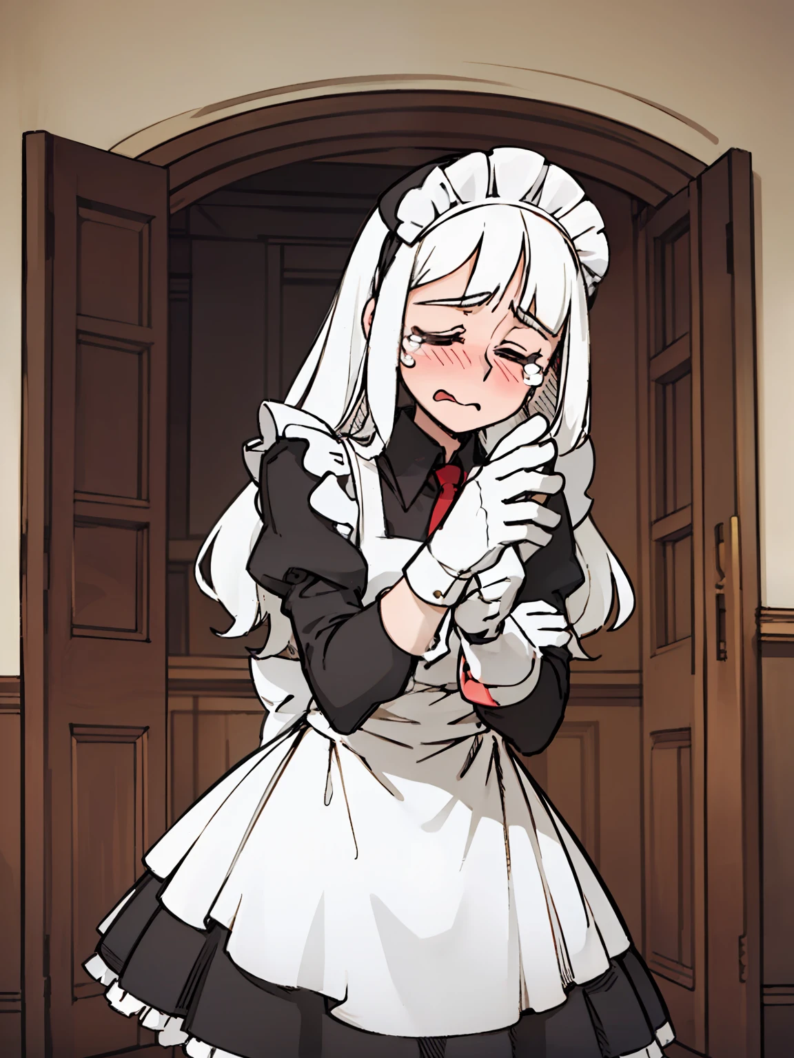 A girl frontal,((full bodyesbian,Long curly white hair,the maid outfit,streaming tears)),Beth,Put your hands in front,Young, White background