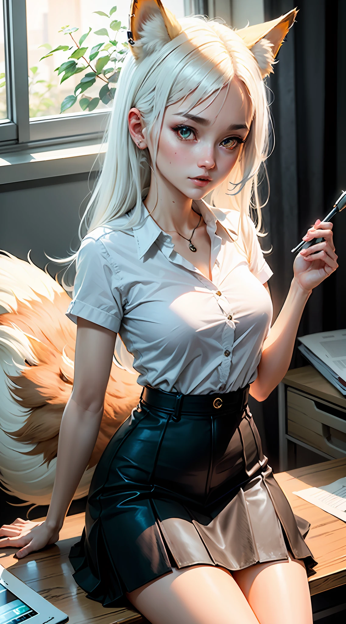 ((tmasterpiece)),(best qualtiy),(A detailed),(1girll),fox spirit,Beautiful white hair,glowing light eyes,fox ear,Fox eyes,fox tails,white shirt,a black skirt,sittinng on the desk