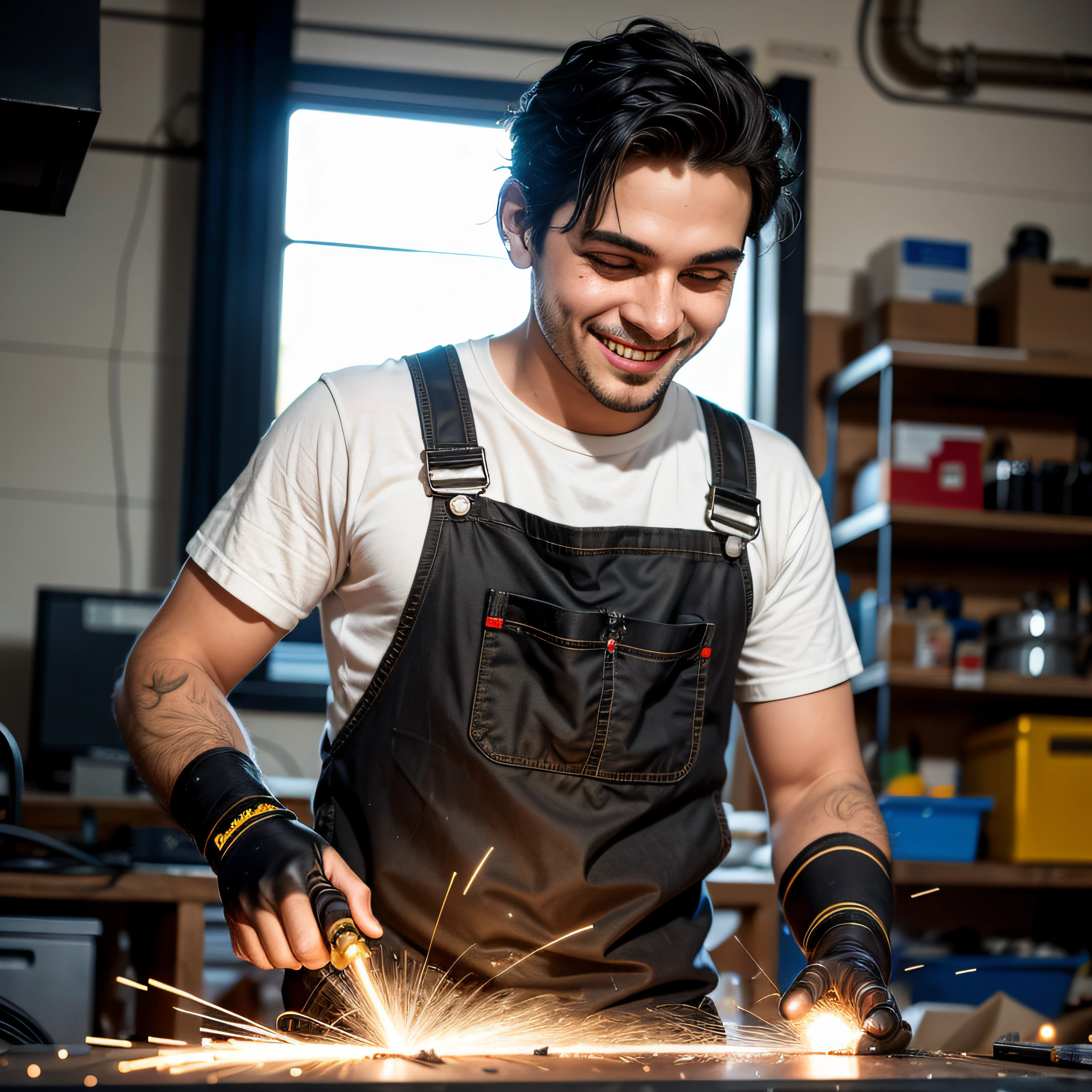 Absurd resolution, high resolution, (masterpiece: 1.4), hyper-detail, young man's messy short black hair, welder dressed up, grinning look, factory high-tech workbench, technology sense screen