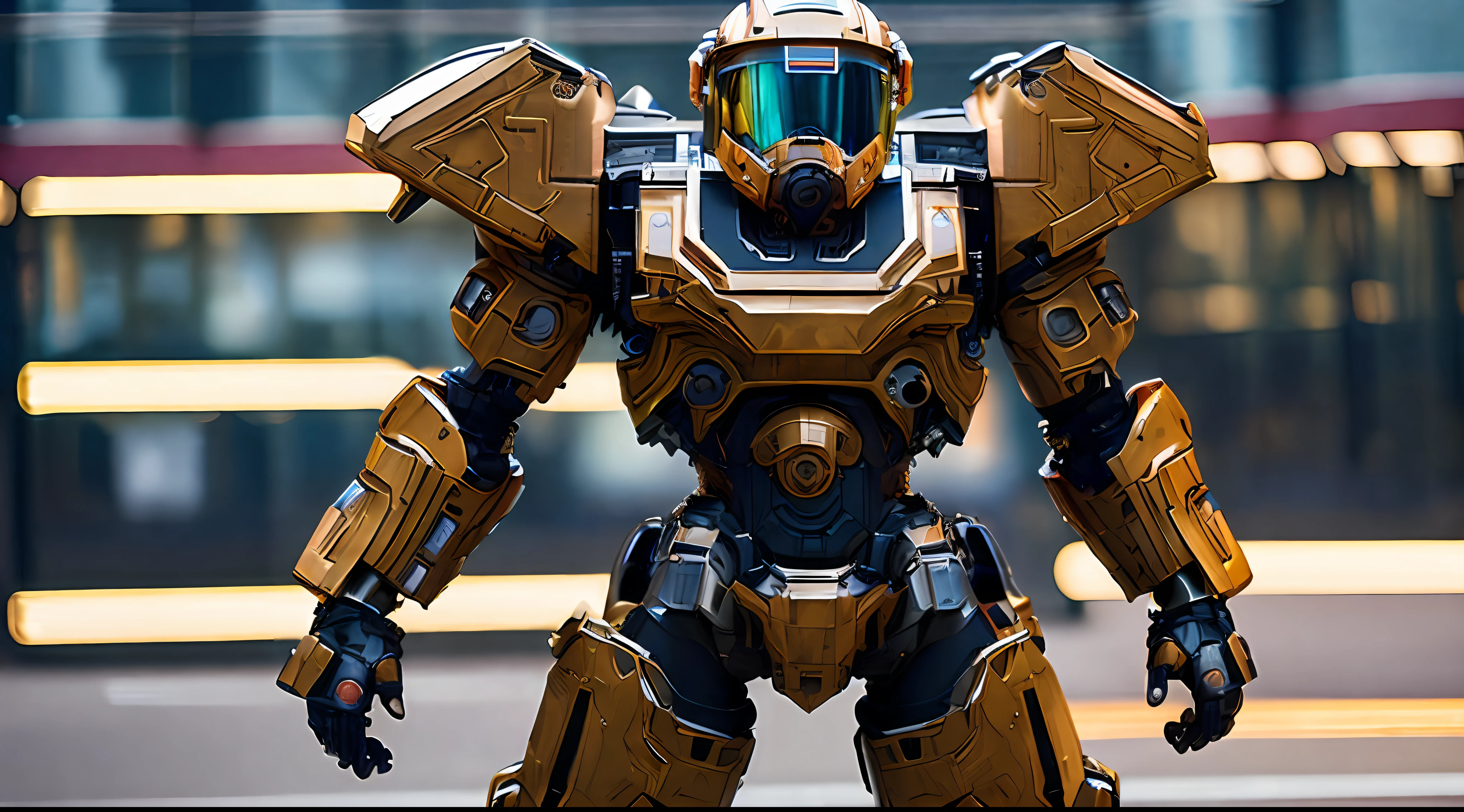 ((MASTERPIECE)) ((RAW PHOTOGRAPH)) (((FULL BODY)) of a transparent camouflaged mech suit in the streets that exudes elegance and intricate design. The image should be a masterpiece with vibrant colors, bokeh lighting, and sharp focus. The subject should be a close-up of the detailed face. The mech suit should be depicted with translucent liquid water rust, giving it a unique texture. The overall style of the image should be soft lighting and realistic. The mech suit should be worn with elegant attire.