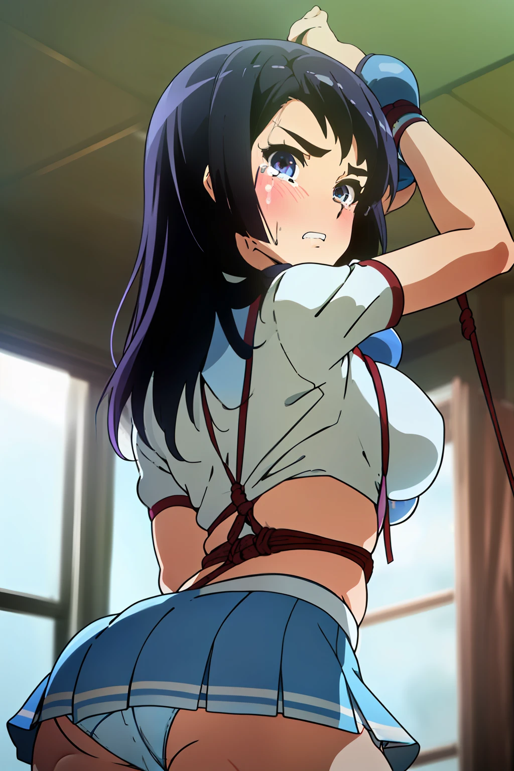 Reina Kousaka:1.6,(cel anime:1.2), (from very below,ceiling:1.5),(day:1.7), (back shot,ass,butt up from miniskirt,back view,ass,butt up from miniskirt,from behind:1.4),(thighs:1.3),(Very pretty panties from miniskirt:1.2), (back facing:1.2), (ass view from miniskirt:1.3),(sweat skin:1.3),(cute cheerleader uniform costume,cute blue_super_short_miniskirt,cute_white_panties:1.7), black_hair,long_hair:1.2,(rope shibari over the clothes:1.5),(arms behind back:1.3), (upskirt,panties focus:1.4),(spread legs while standing:1.4),
1 girl, 18yo,Young female,Beautiful Finger,Beautiful long legs,Beautiful body,Beautiful Nose,Beautiful character design, perfect eyes, perfect face,
(frown,shame,embarrassed,anger,troubled eyebrows,crying,opened eyes tightly, closed mouth,clenching teeth,full face blushing,glaring,looking back:1.2),looking at viewer:1.3,
NSFW,official art,extremely detailed CG unity 8k wallpaper, perfect lighting,Colorful, Bright_Front_face_Lighting,
(masterpiece:1.0),(best_quality:1.0), ultra high res,4K,ultra-detailed,
photography, 8K, HDR, highres, absurdres:1.2, Kodak portra 400, film grain, lens flare, (vibrant_color:1.2)
(Beautiful,medium_Breasts,natural pointy tits:1.3), (beautiful_face:1.5),(narrow_waist),
