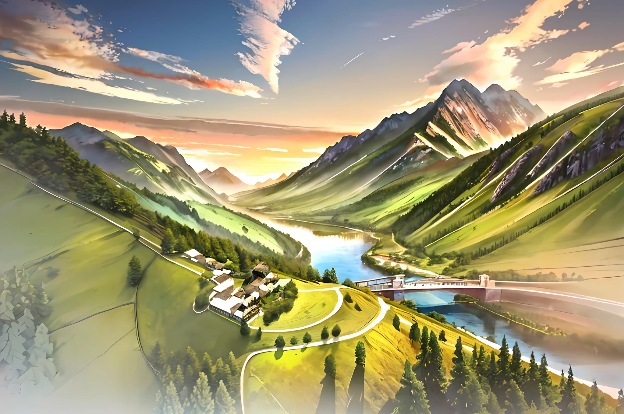 landscape artwork, anime countryside landscape, Landscape illustration, Detailed scenery —width 672, A beautiful artwork illustration, Landscape scenery, scenery background, Landscape background, scenery art detailed, Landscape painting, landscape - scenery, Watercolor illustration style, dream scenery art, mountainous background, Nature background, Beautiful Landscape Background，China-style