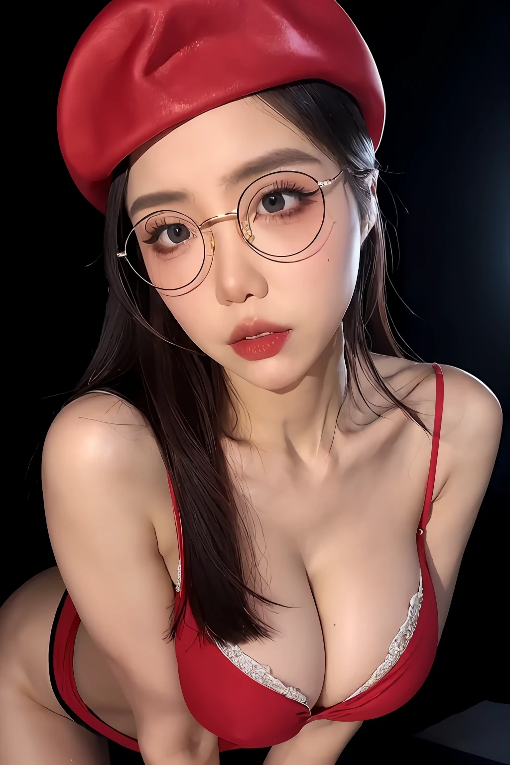 round eyewear,(Black trouser hats:1.5),(love hotel:1.2),Sateen, Wet,water drop, city lights,Detailed Face,Huge-breasts,Show Cleavage,1girl,(red eyes:1.5),Extremely detailed eyes and face,btpt-fc,multi-colored hair,glowing eyes, Masterpiece, Best Quality, (Realistic, photo-realistic:1.3), (RAW photo:1.2), extremely detailed CG unity 8K wallpapers, Amazing, finely detail, official arts, absurdress, incredibly absurdres, huge filesize,super detaill, Ultra-detailed, Extremely detailed,  Beautiful detailed girl,  Extremely detailed eyes and face, beautiful detail eyes, big thighs,Dynamic Angle, wideshot, Cinematic lighting, moody lighting, , (ulzzang-6500-v1.1:0.7),extremely detailed face, (8K, Best Quality, Masterpiece:1.2),(Realistic photography in a dark studio), (Medium full-length shot),,独奏,Beautiful Detail Face, supermodel, (fit body:1.1), pale skin, Detailed hairpiece hair, (Realistic shiny skin:1.2), Skindentation,  ((sexy pose)) , Masterpiece, Best Quality, High resolution scan,  (фото Canon 5d, ZEISS 50 mm lens), hourglass proportions, (8K UHD, HDR, Depth of field), (professional colour grading), sharp-focus, natural lighting,