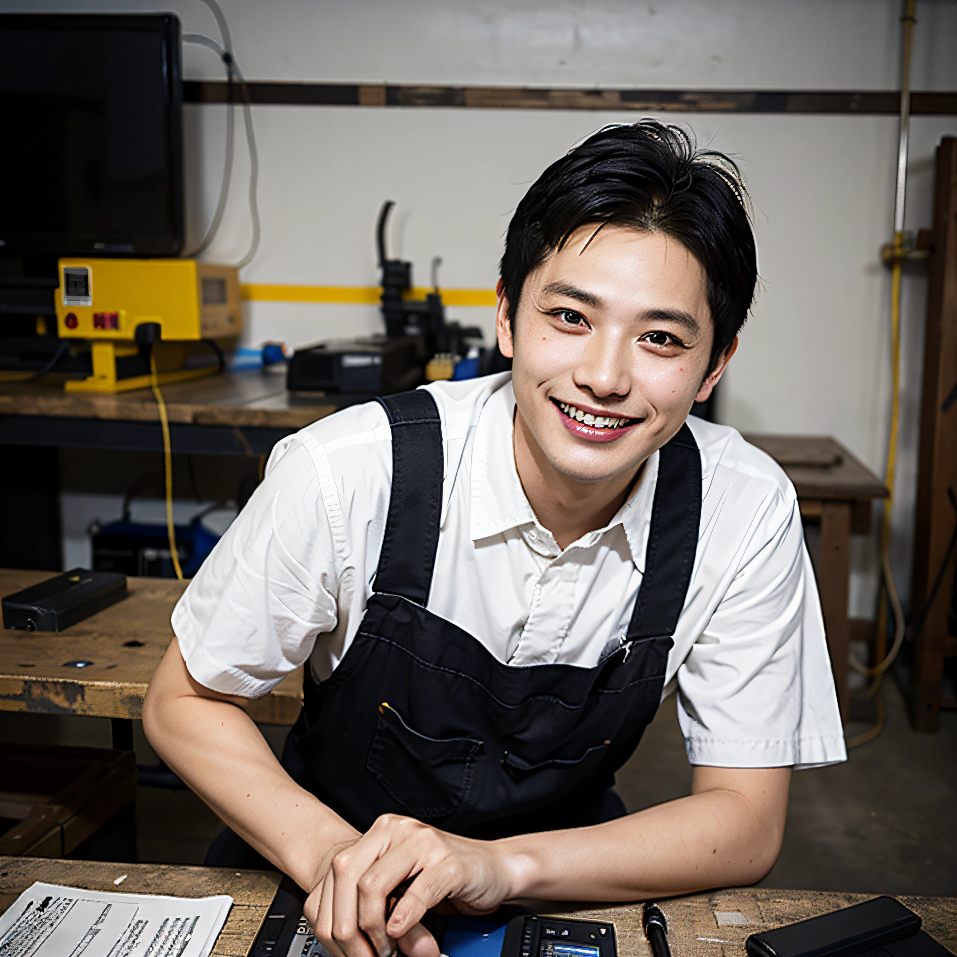 Absurd resolution, high resolution, (masterpiece: 1.4), hyper-detail, young man's messy short black hair, welder dressed up, grinning look, factory high-tech workbench, technology sense screen