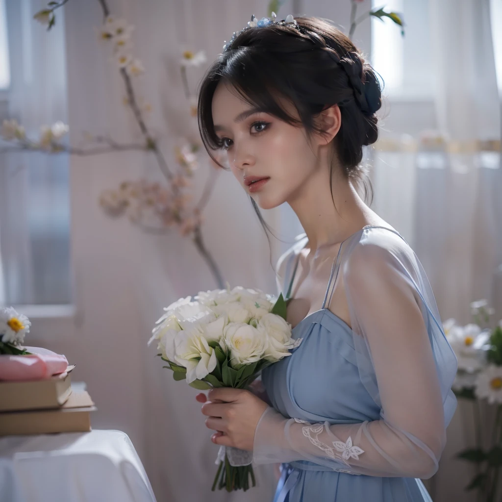 araffe woman in a blue dress holding a bouquet of flowers, cinematic shot ar 9:16 -n 6 -g, 8K 50mm ISO 10, dreamy blurred lens, Soft portrait shot 8 K, photo 1 5 mm, Bokeh + degrees of freedom + 8K, 8K Artgerm bokeh, Atmospheric cool colors - grades