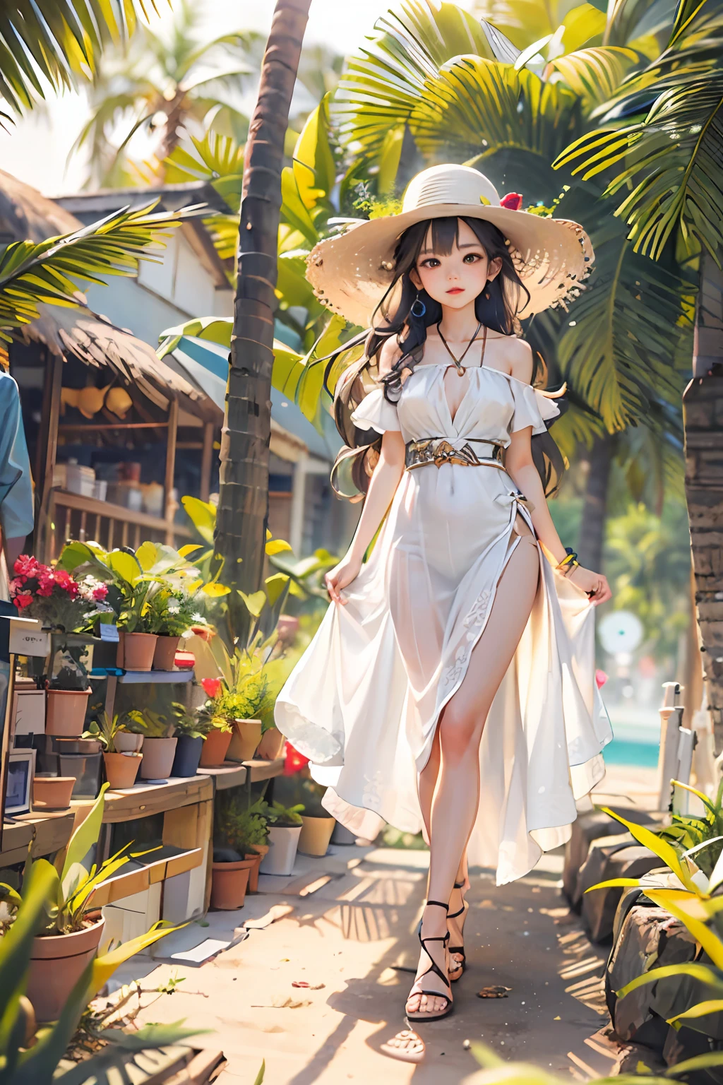 (masterpiece:1.2、top-quality)、(1little girl、独奏、The upper part of the body:1.2)、 garments:White flowing maxi dress、a wide-brimmed hat、and strappy sandals、 The hair:loose beach waves、 make - up:natural, Glowing skin、 BEReaction:relax、easygoing、Free-spirited、 The location:the beach、Resort、outdoor festival、Akame、small tits