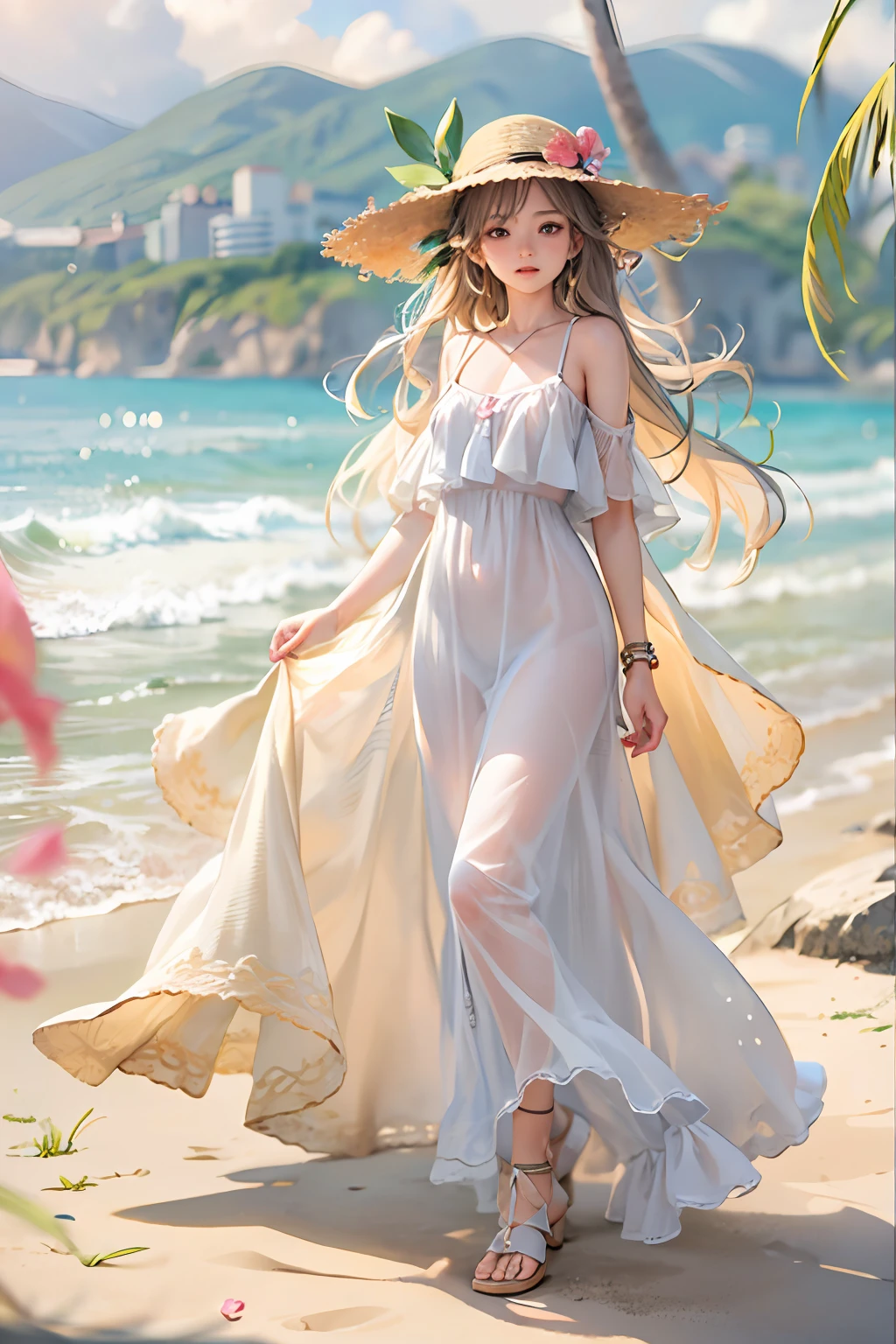 (​masterpiece:1.2、top-quality)、(1little girl、独奏、The upper part of the body:1.2)、 garments:White flowing maxi dress、a wide-brimmed hat、and strappy sandals、 The hair:loose beach waves、 make - up:natural, Glowing skin、 BEReaction:relax、easygoing、Free-spirited、 The location:the beach、Resort、outdoor festival、Akame、small tits