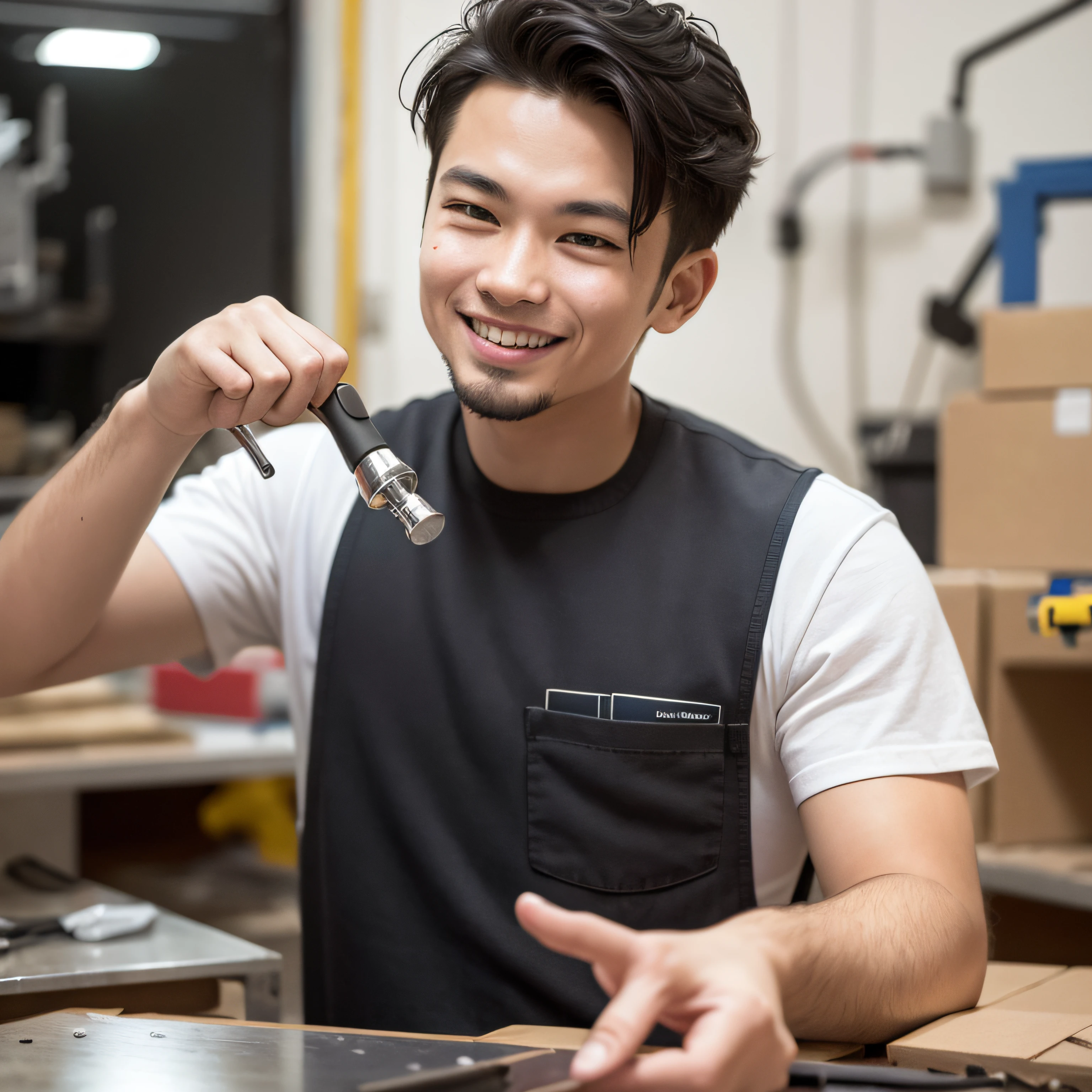 Absurd resolution, high resolution, (masterpiece: 1.4), hyper-detail, young man's messy short black hair, welder dressed up, grinning look, factory high-tech workbench, technology sense screen