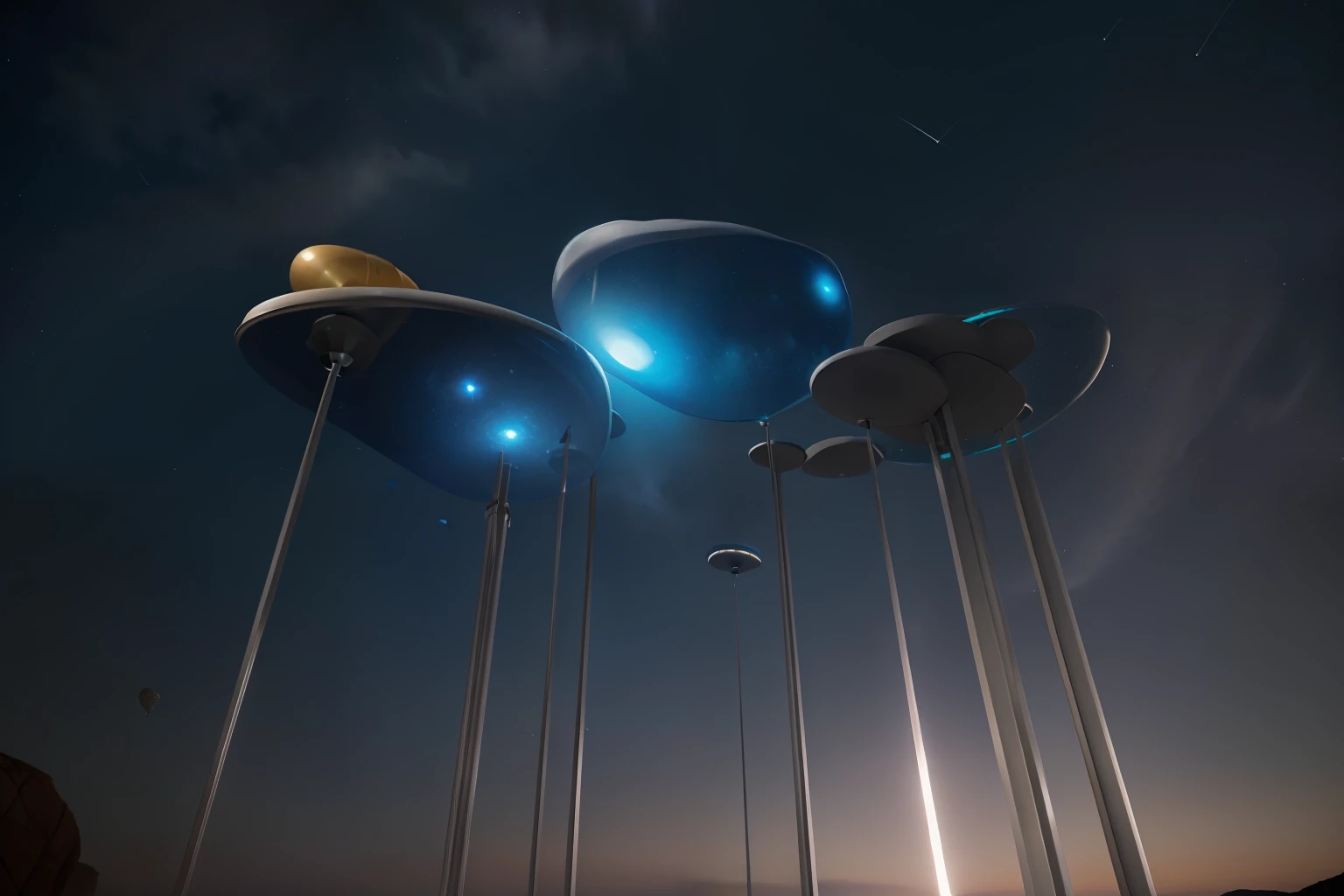 there are many balloon-shaped smooth stone that are floating in the air , slender gray columns connect them to the ground, and the round surface of the balloon-shaped stone cast the reflection of the beautiful blue starry sky. The background is a broad sky with clouds in the evening. The back of a man is at the bottom center, looking up at the stars floating in the air, organic volumetric lights, alien structure, flying saucers, wide angle