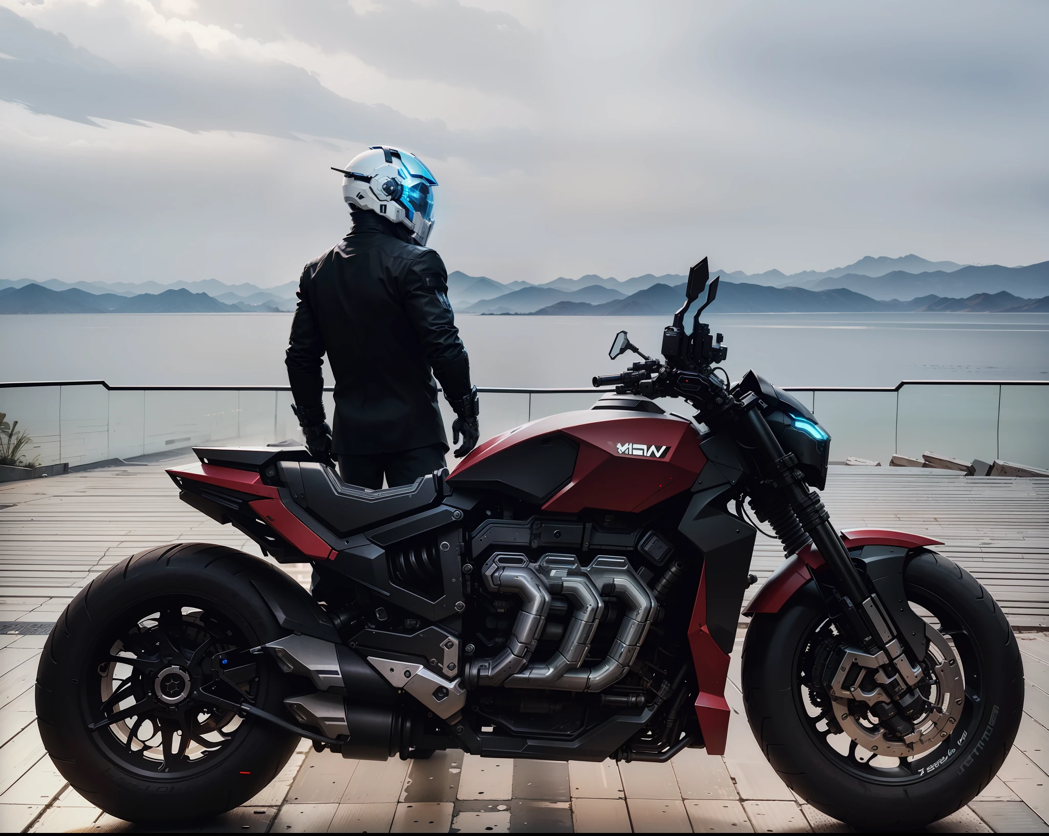 Handsome cyberpunk mech warrior，Black cyberpunk mech costume，High-tech black full enveloping helmet，Biomechanicals， MSHN Robot Man，High-tech helmet，hyper realisitc， Steel， Complex design， insanely details， finely detailled， Extremely clear lines， cinmatic lighting， photograph realistic， A detailed masterpiece