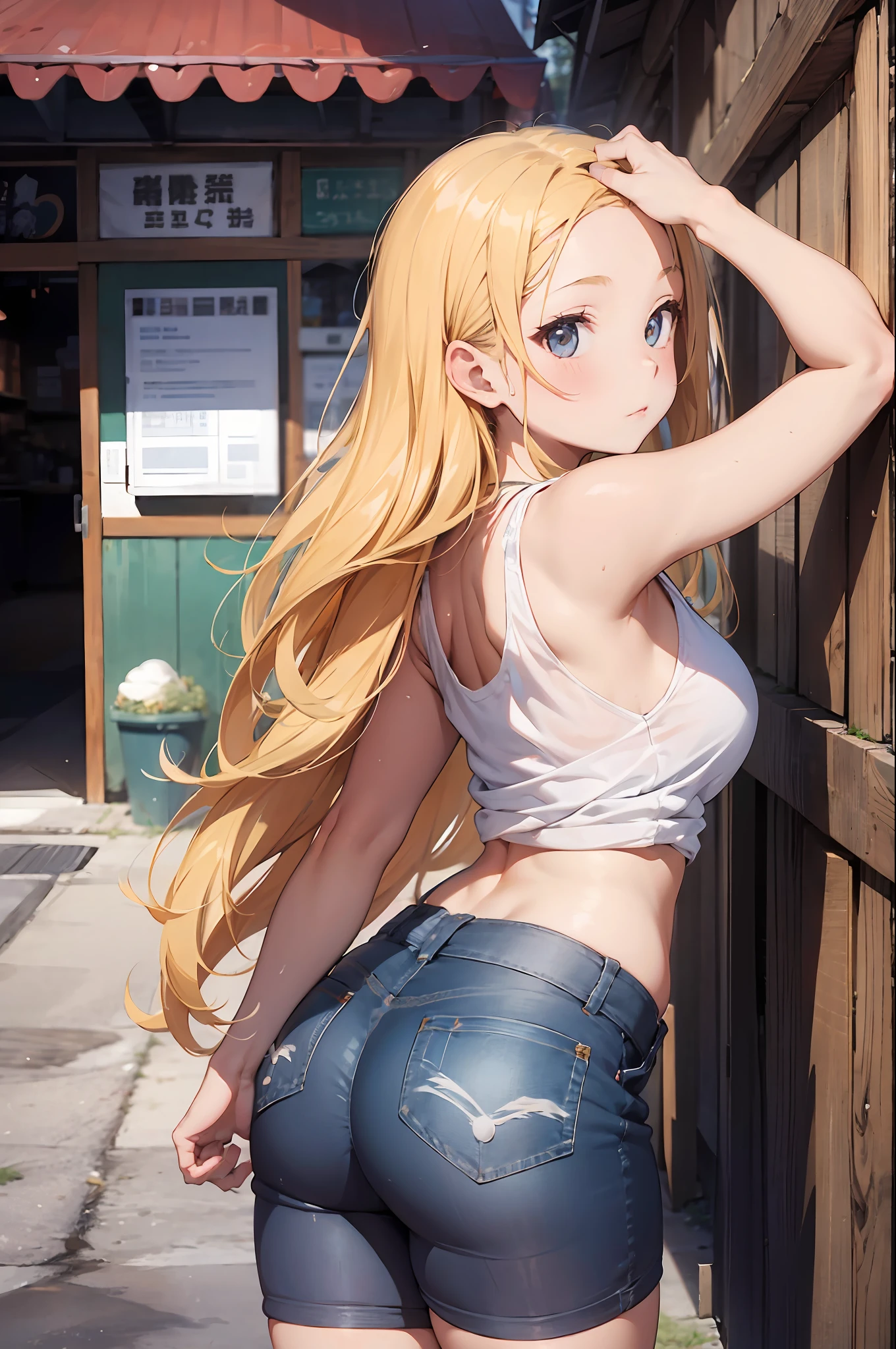 Top image quality、in 8K、a blonde girl、The long-haired、put out one's forehead、White Tank Top、Jeans shorts、sandal、Background、Ice cream shop、behind、Turned、s ass