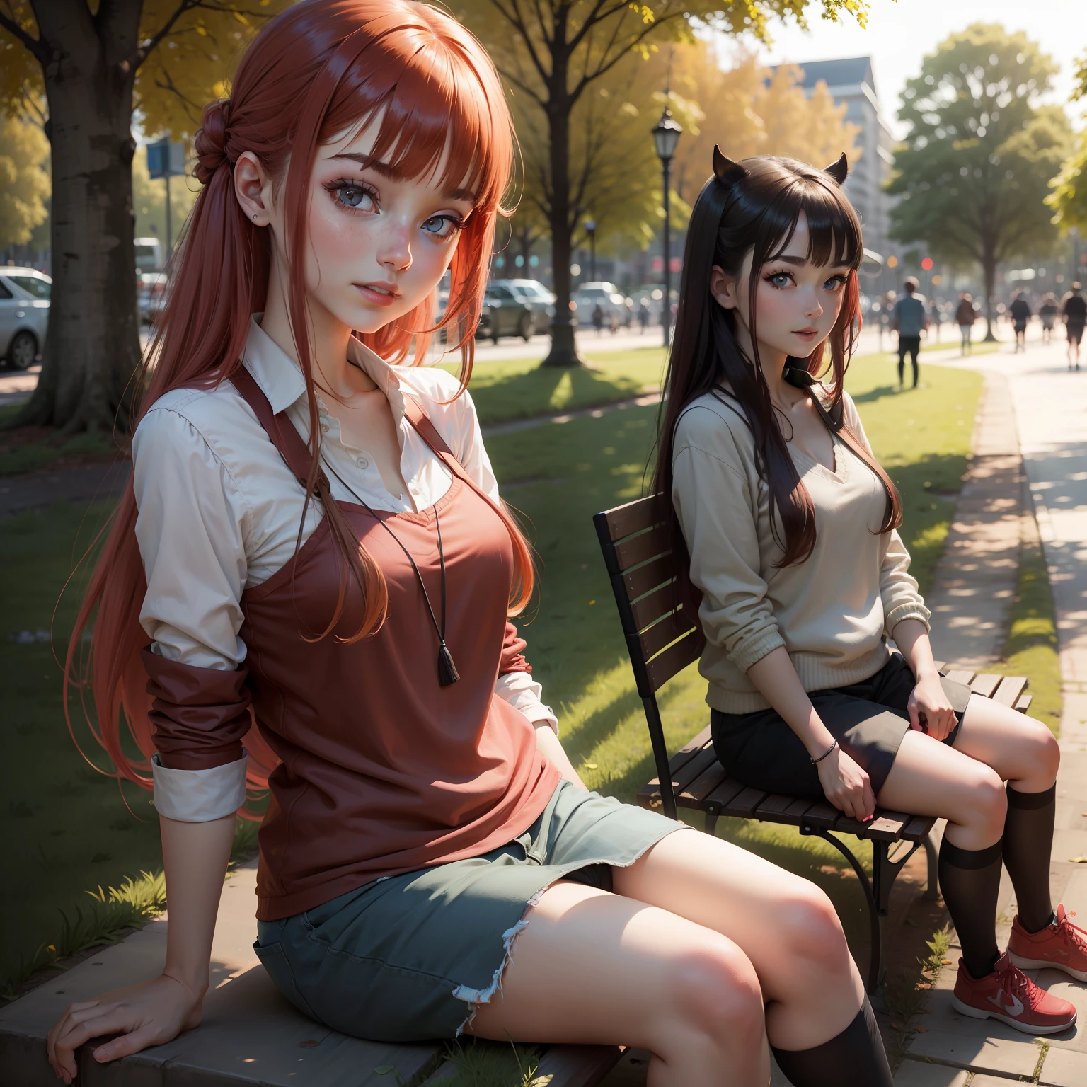 red pupils，2D Beautiful Girl，dual horsetail，whaite hair，Sitting in the park laughing