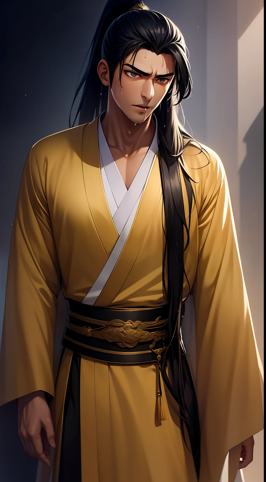 quadratic element,style of anime,mtu(Male Warrior),musculature,The proportions are correct,Face details,swordsmen,High ponytail hairstyle,perspired,Sweat on the face,drools,Neck details,There is an Adam's apple,Get wet,Drenched,Black Hanfu,kaftan,Embroidered robes,Black robe,clothes details,Handing over,longer sleeves,Game quality,Swordsmanship,Light and shadow tracking,Ray traching,detailed glow,cg render,hair detail,cabelos preto e longos,Golden eyes,Sweat on the face,Handsome,Handsome,Beads of sweat slipped down my neck,(juvenile sense),Clothing is complicated,Drenched,Get wet,Perfectcomposition,Refinement,high qulity,higher details,Lots of details,The background is complex,a sense of atmosphere,