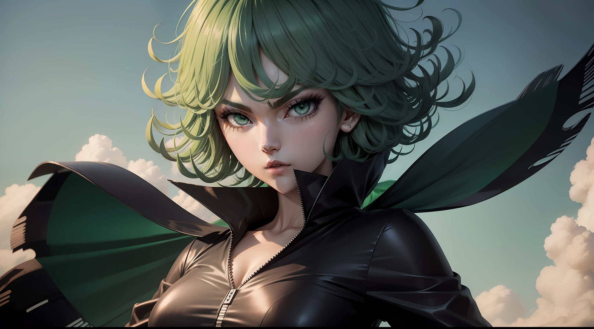 Real life tatsumaki from one punch man, flying in the sky with green hair and black dress over the field, with green curly hair. Perfect body composition, perfect AI-drawn artwork, responsible for the layout. cute pretty face, nagito komaeda, 8k anime style, demon slayer fan art, epic anime style, stylized anime, anime style digital art, digital art from danganronpa, Realistic art style. highest image quality, most detailed, high octane, detailed everything 8k