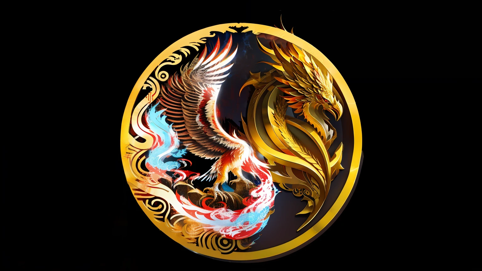 The fire phoenix rises from the ashes,Metallic,red feathers,Gold stroke,(Decorative signs)
