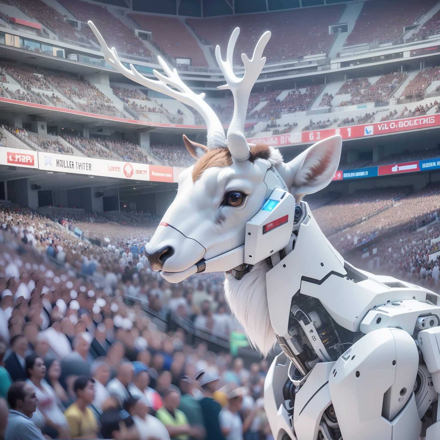 White robotic deer, shown on a large screen in the stadium, sporting events in progress, detail, surreal, third angle, wide angle, panorama defocus:
