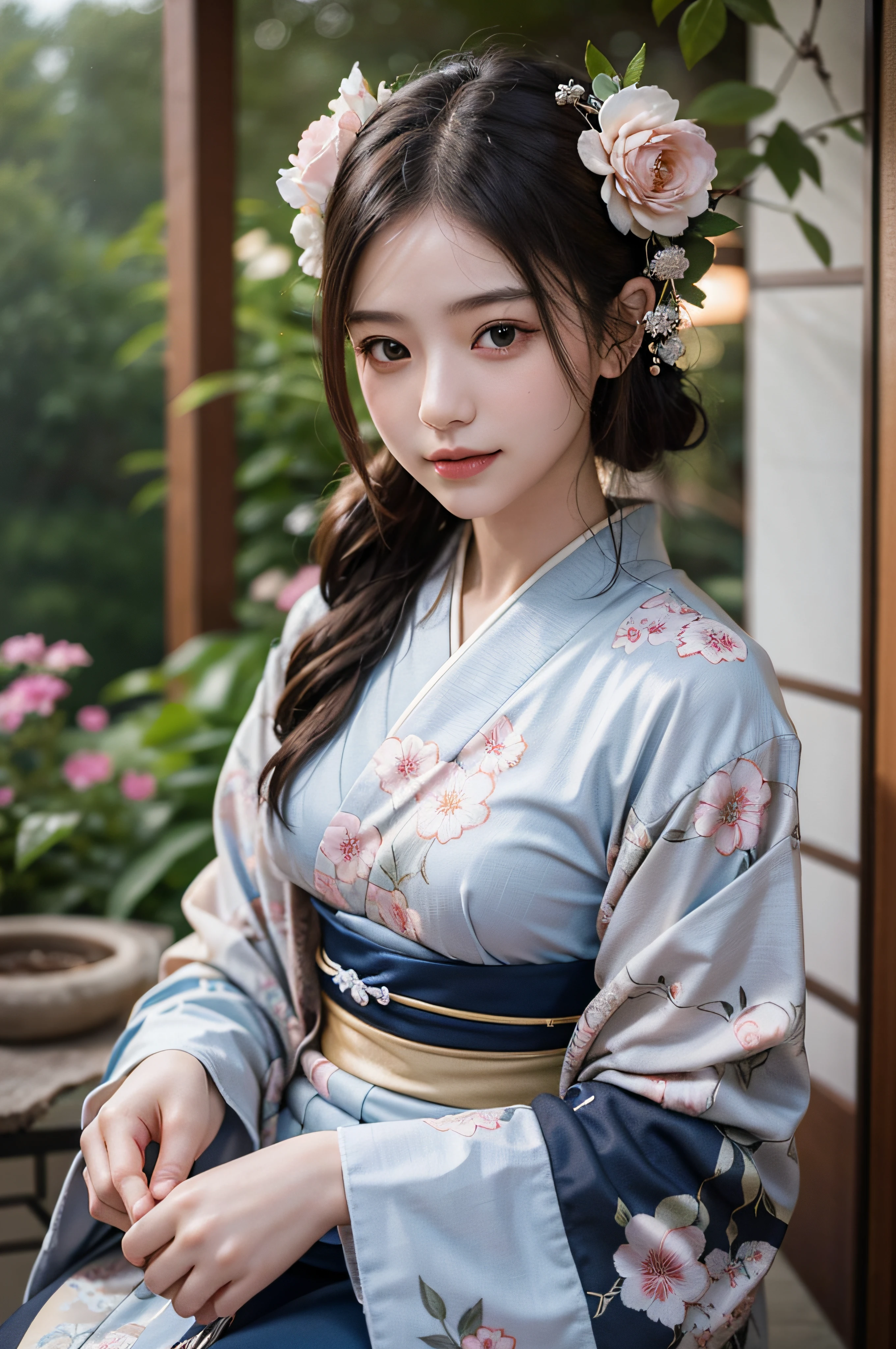(Photorealsitic:1.4), (Top image quality:1.0), (超A high resolution:1.0), 8K, Raw photography, (​masterpiece:0.2), (pureerosface_v1:0.5)、(Best Quality Detail:1.2)、realisitic、8K UHD、hight resolution、(1girl in:1.2)、The ultra-detailliert、High quality textures、intricate detailes、detaileds、Very detailed CG、High quality shadows、Detail Beautiful delicate face、Detail Beautiful delicate eyes、depth of fields、Ray traching,1girl in, japanaese girl, Cute, slender, Black kimono, Kimono with Japanese pattern,Floral scrunchie, Beautiful skin, Facing the front,Sit down, Sit upright and say thank you,Align your hands elegantly,Smile faintly The Land of Japan,Japanese garden,Luxury Japanese-style room, skyporn, Magic Hour, (Realistic:1.3), Finely detailed, quality, (masutepiece:1.2), (Photorealistic:1.2), (Best Quality), (Intricate details), Dramatic, Ray tracing, photograph, +Lola