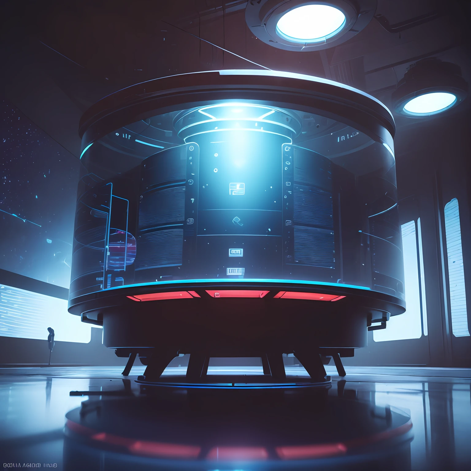 (An air cushion table:1.3),Red and blue fiber optic wires,High-tech floating table,cyber punk style,Near-future entertainment products,(A counting board is a projection screen:1.3),Inside a space station,UHD, retina, anatomically correct, textured skin, super detail, best quality, highres --auto