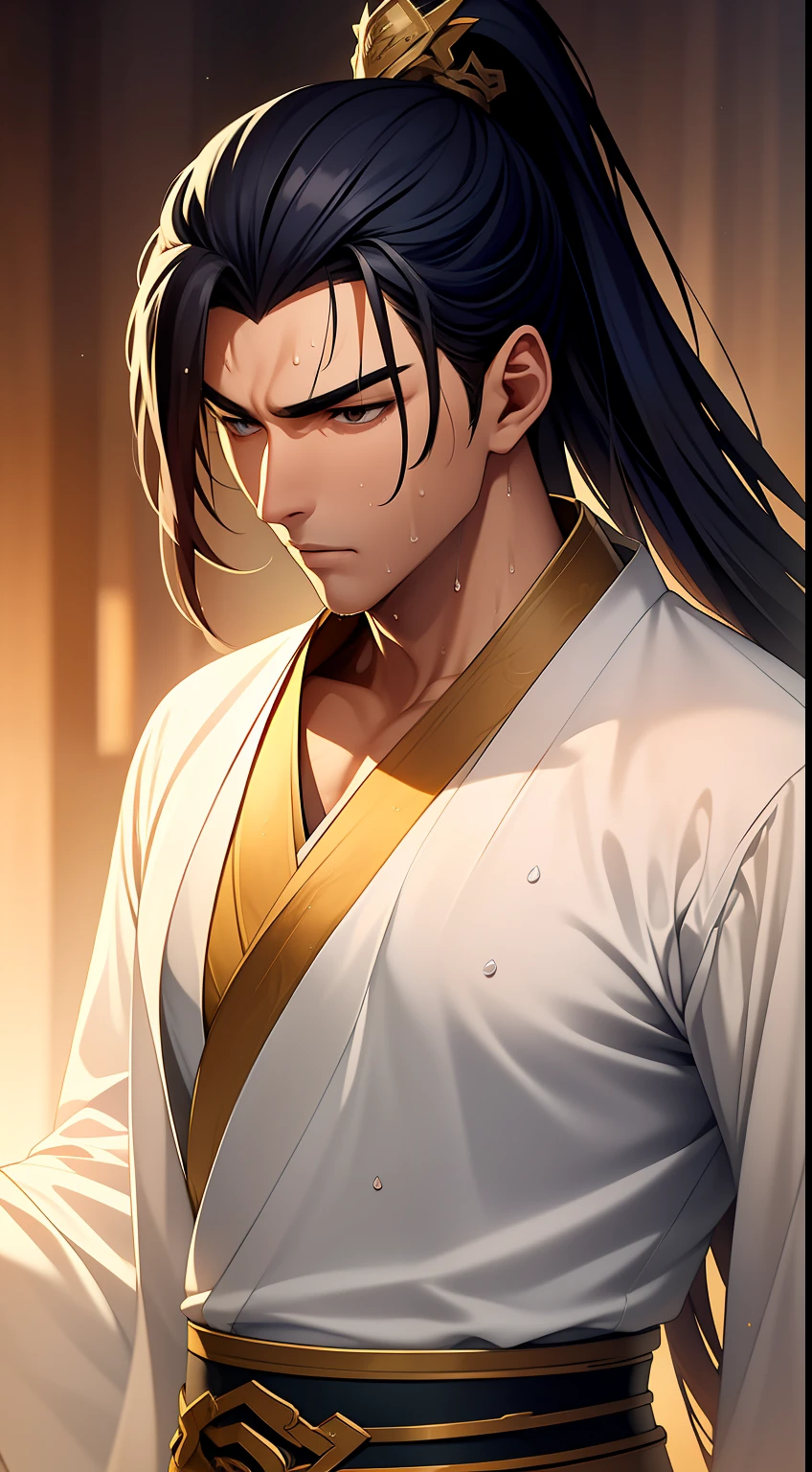 quadratic element，style of anime，mtu（Male Warrior），musculature，The proportions are correct，Face details，swordsmen，High ponytail hairstyle，perspired，Sweat on the face，drools，Neck details，There is an Adam's apple，Get wet，Drenched，Black Hanfu，kaftan，Embroidered robes，Black robe，clothes details，Handing over，longer sleeves，Game quality，Swordsmanship，Light and shadow tracking，Ray traching，detailed glow，cg render，hair detail，cabelos preto e longos，Golden eyes，Sweat on the face，Handsome，Handsome，Beads of sweat slipped down my neck，（juvenile sense），Clothing is complicated，Drenched，Get wet，Perfectcomposition，Refinement，high qulity，higher details，Lots of details，The background is complex，a sense of atmosphere，