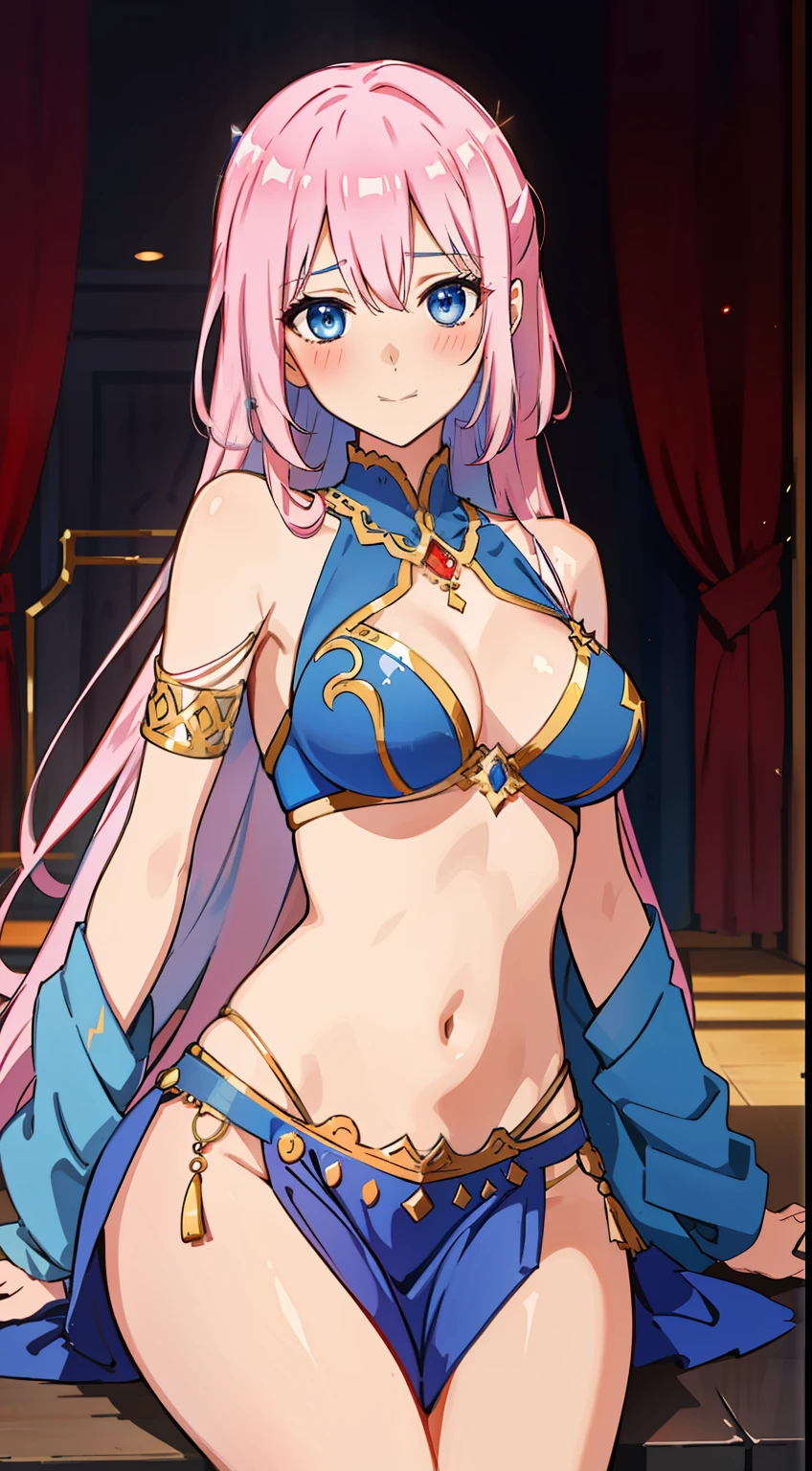 shikimori, medium breast, slim legs, blue gown, navel, skirt, standing, beautiful eyes, blue eyes, blushing, arabian belly dancer, stage, sitting