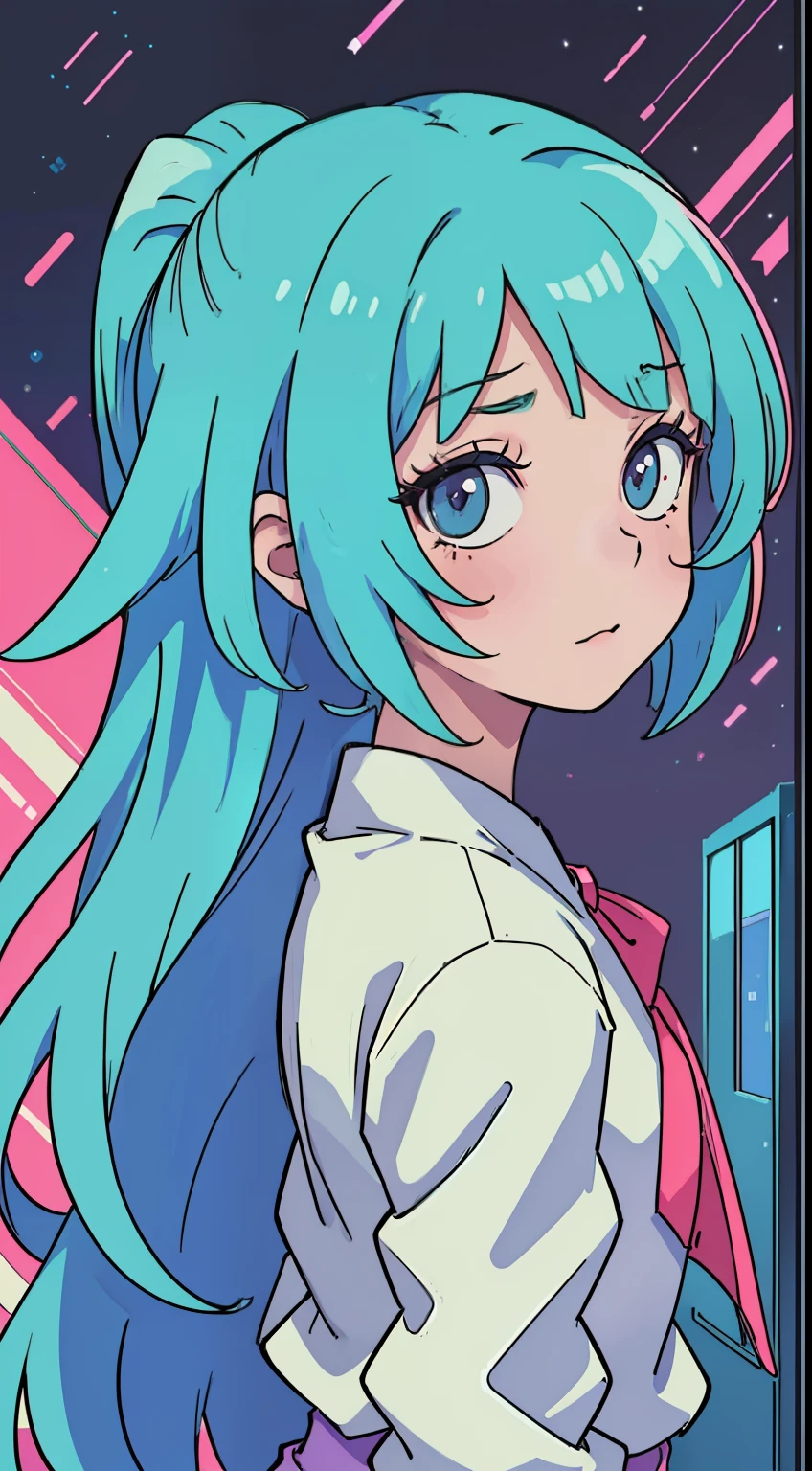 Rear view, Green hair, Full body, ASCII art style girls, Aesthetic, still from anime, anime still image, Anime screenshot patterns, retro anime , beautiful girls face, Anime Girl, Low girl aesthetics, The aesthetics of anime in the 90s, digital anime, Beautiful cute lighting, Looking at Viewer, Full body, Simple hair, The aesthetics of vaporwave, Anime, 64 pixel art, Pixel art, Streetwear Design, Provector, Pixel 64-bit style, Full Design, Only 5 colors, solid color, No shadows, Full Design, neon color, Bright colors, Galactic Environment, Whimsical capture, in 8K, Vivid, Ultra Details, colorful lighting, Surreal Photography, Portrait, Fancy, Cute, Bob Hair, Neon light, Colored inner hair, youthfulness, 10`S, neon color, It features a simple, No face