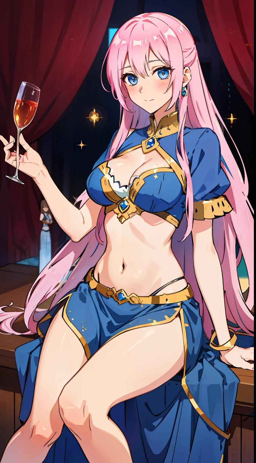 shikimori, medium breast, slim legs, blue gown, navel, skirt, standing, beautiful eyes, blue eyes, blushing, arabian belly dancer, stage, sitting
