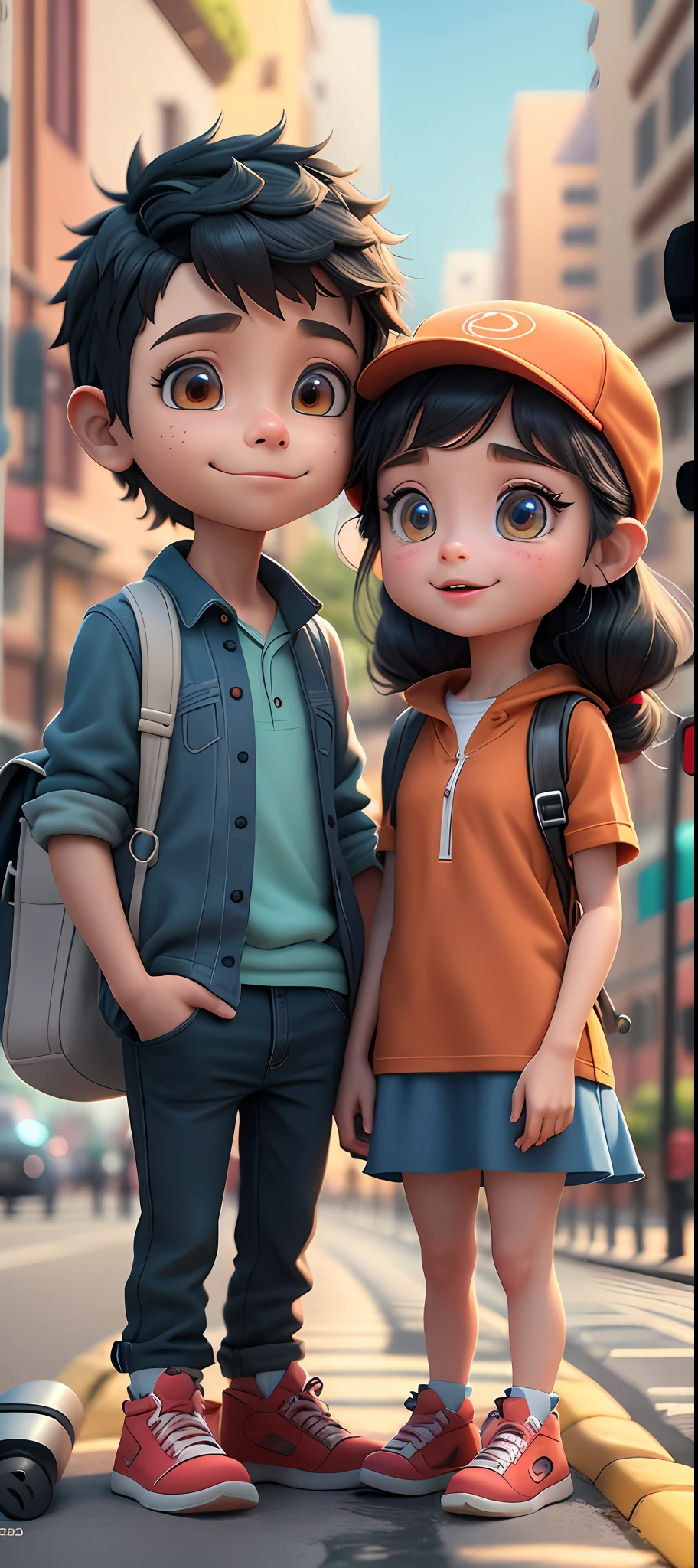 A couple of cartoon characters standing next to each other in the street, Cute cartoon style, لطيف 3D التقديم, أحرف 3D, cute cartoon character, 3D كرتون, adorable digital painting, In Disney-style animation, Realistic 3D style, Boy and girl, Cute cartoon, cartoon pattern illustration, 3D Animated Movie, The embodiment of the animation style, cute detailed digital art