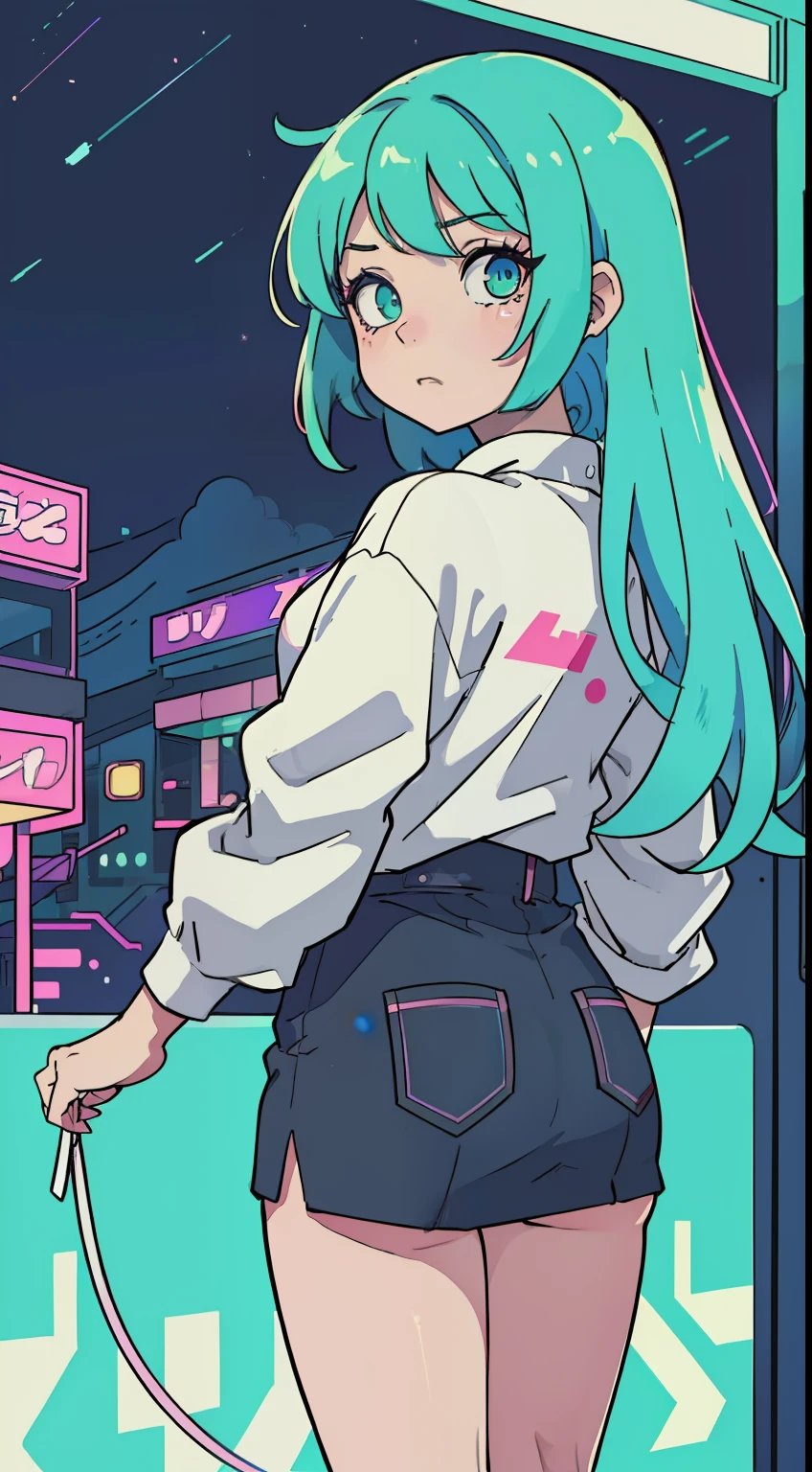 Rear view, Green hair, Full body, ASCII art style girls, Aesthetic, still from anime, anime still image, Anime screenshot patterns, retro anime , beautiful girls face, Anime Girl, Low girl aesthetics, The aesthetics of anime in the 90s, digital anime, Beautiful cute lighting, Looking at Viewer, Full body, Simple hair, The aesthetics of vaporwave, Anime, 64 pixel art, Pixel art, Streetwear Design, Provector, Pixel 64-bit style, Full Design, Only 5 colors, solid color, No shadows, Full Design, neon color, Bright colors, Galactic Environment, Whimsical capture, in 8K, Vivid, Ultra Details, colorful lighting, Surreal Photography, Portrait, Fancy, Cute, Bob Hair, Neon light, Colored inner hair, youthfulness, 10`S, neon color, It features a simple, No face