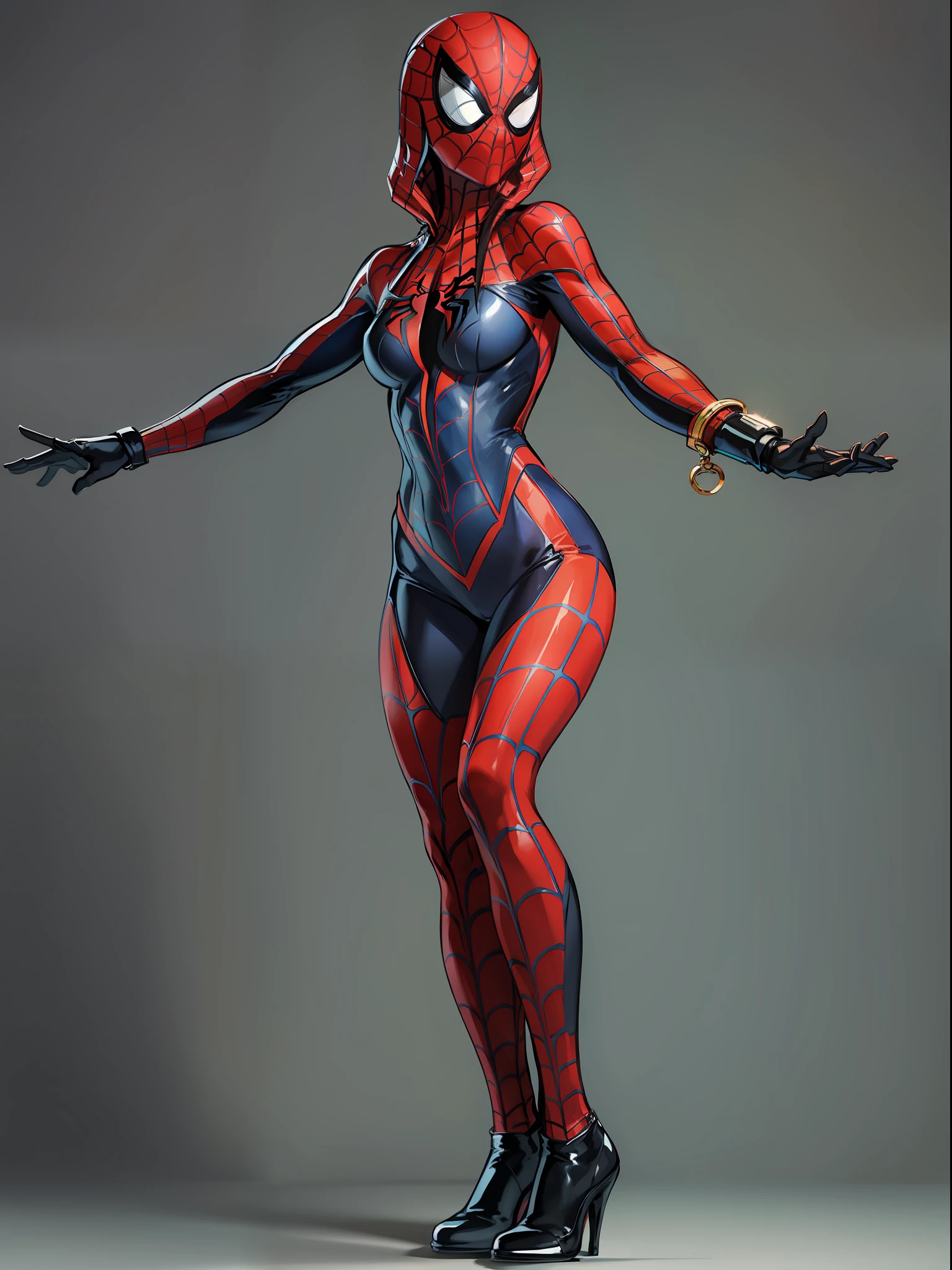 The female version of Spider-Man，Sexy tights，The head is completely enclosed，without showing face，Cross your hands at the waist，Spread your feet