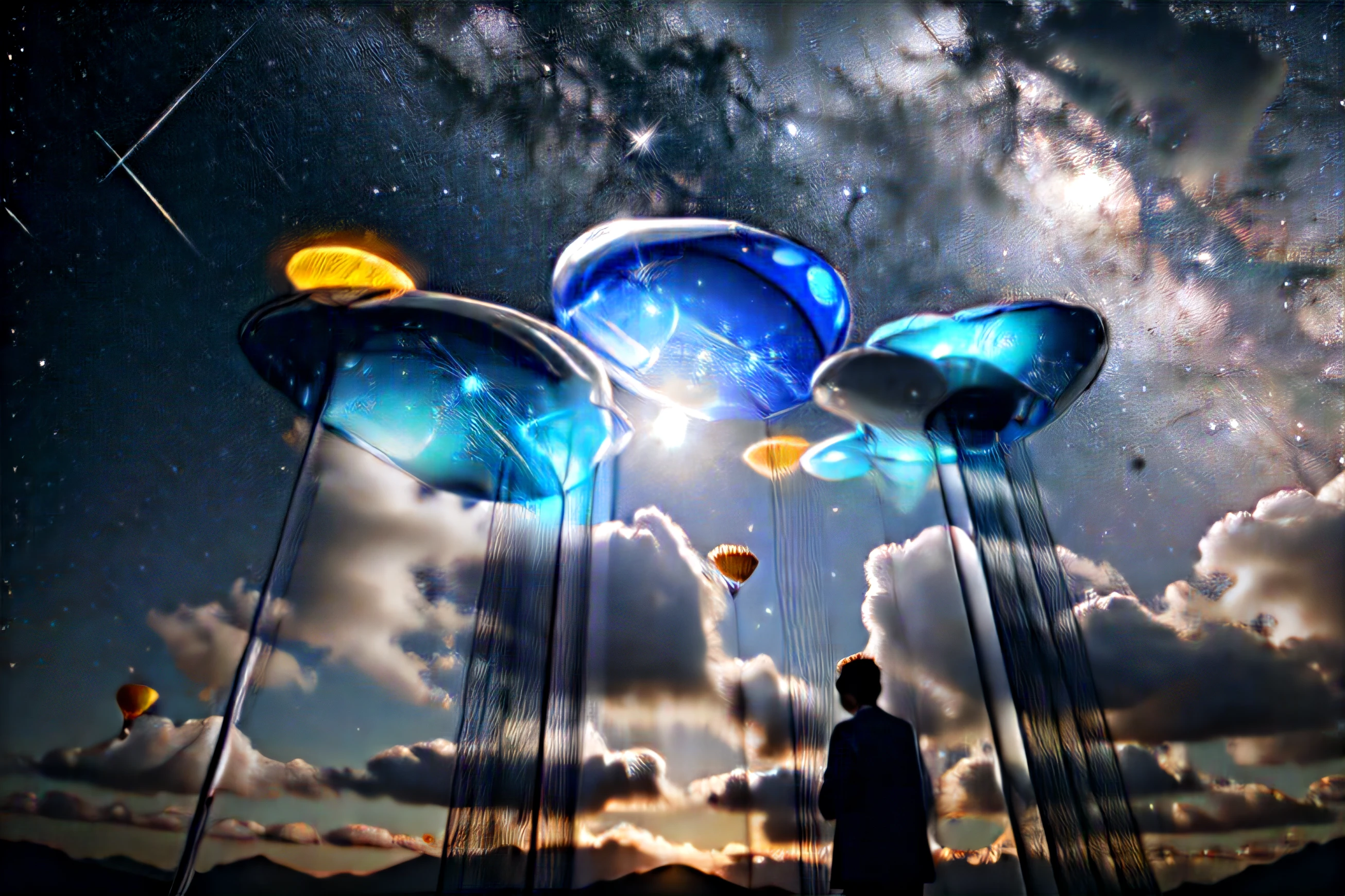 there are many balloon-shaped smooth stone that are floating in the air , slender gray columns connect them to the ground, and the round surface of the balloon-shaped stone cast the reflection of the beautiful blue starry sky. The background is a broad sky with clouds in the evening. The back of a man is at the bottom center, looking up at the stars floating in the air, organic volumetric lights, alien structure, flying saucers, wide angle